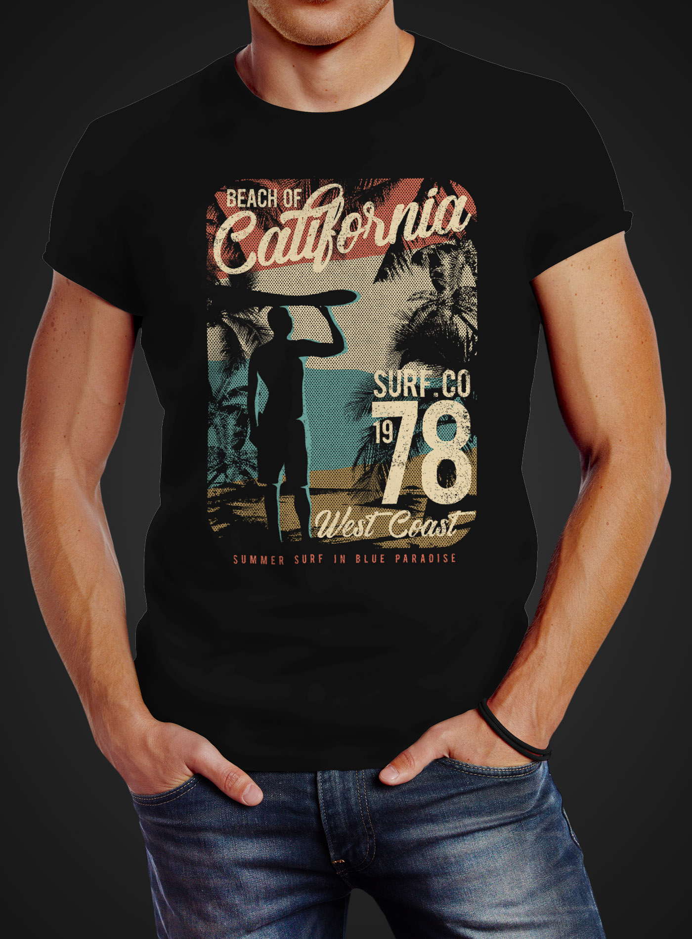 Neverless Herren T-Shirt – Vintage Look 'California Surf', Slim Fit, 100% Baumwolle