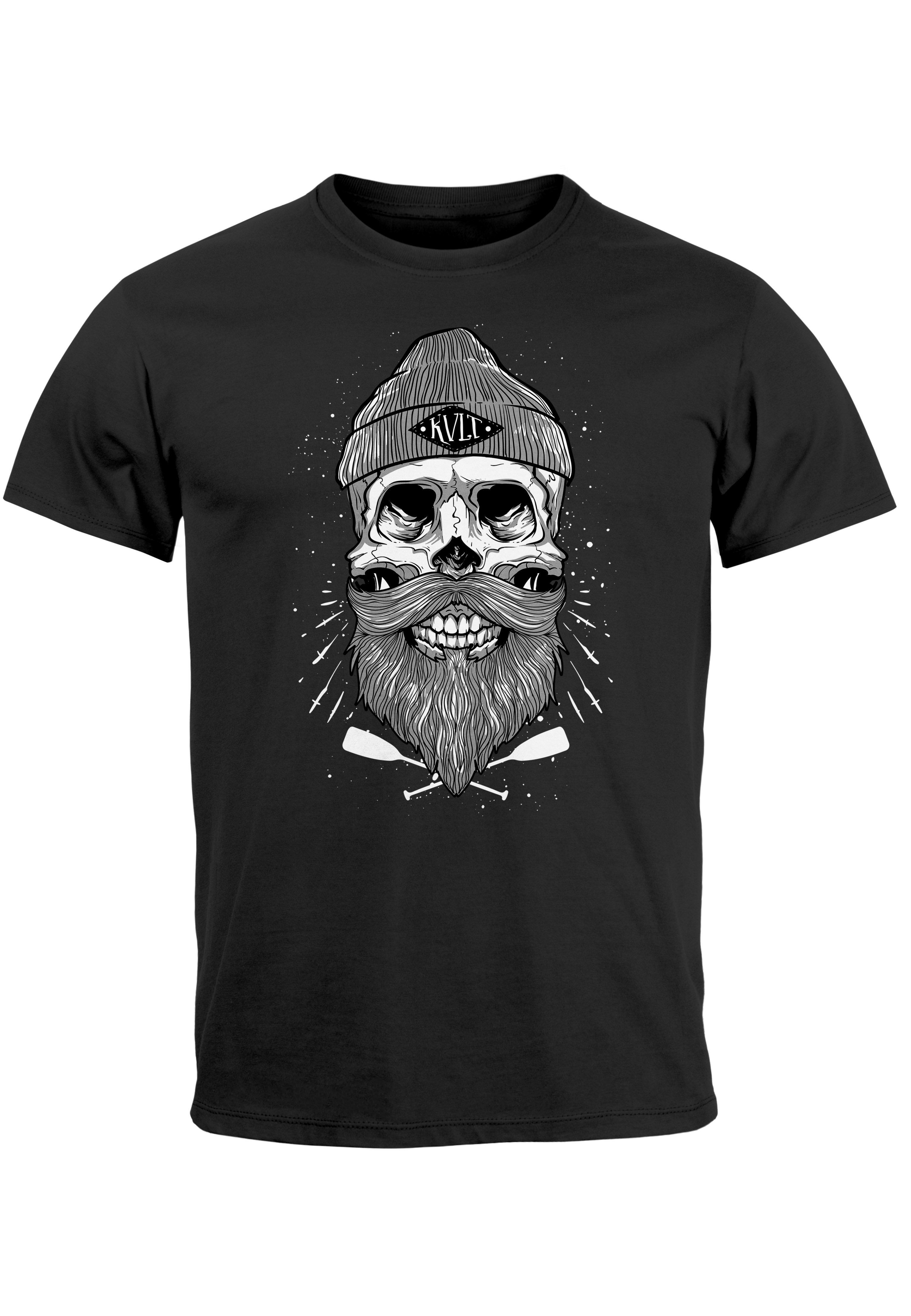Neverless Herren T-Shirt „Moin“ – Mit Totenkopf, Käptn & Krake, Slim Fit, 100% Baumwolle
