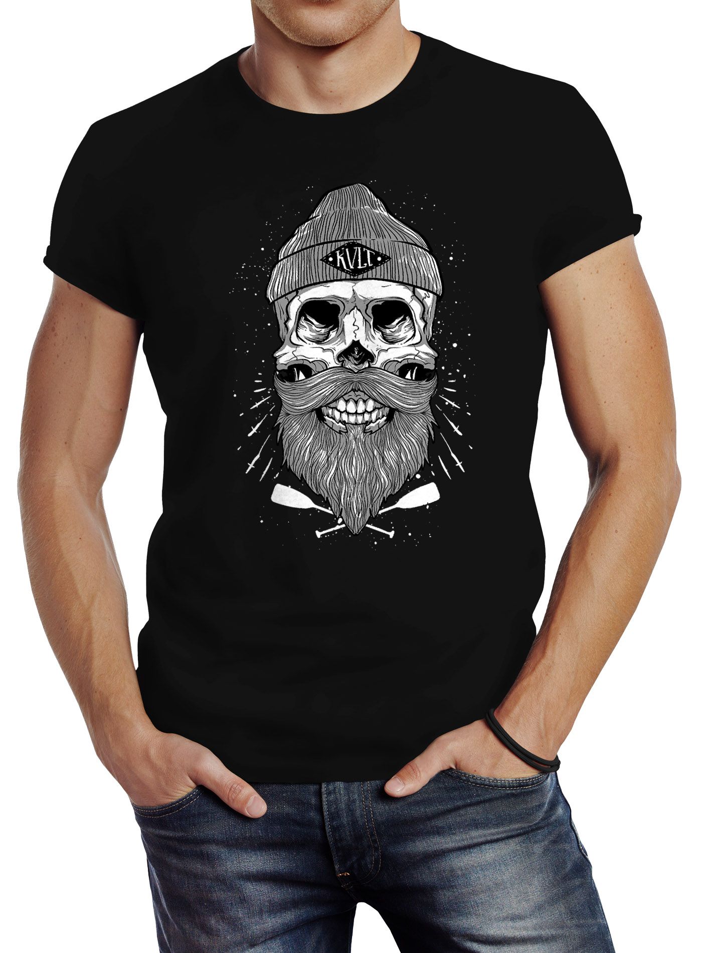 Herren T-Shirt Captain Skull Beard Totenkopf Bart Kapitän Slim Fit Neverless®