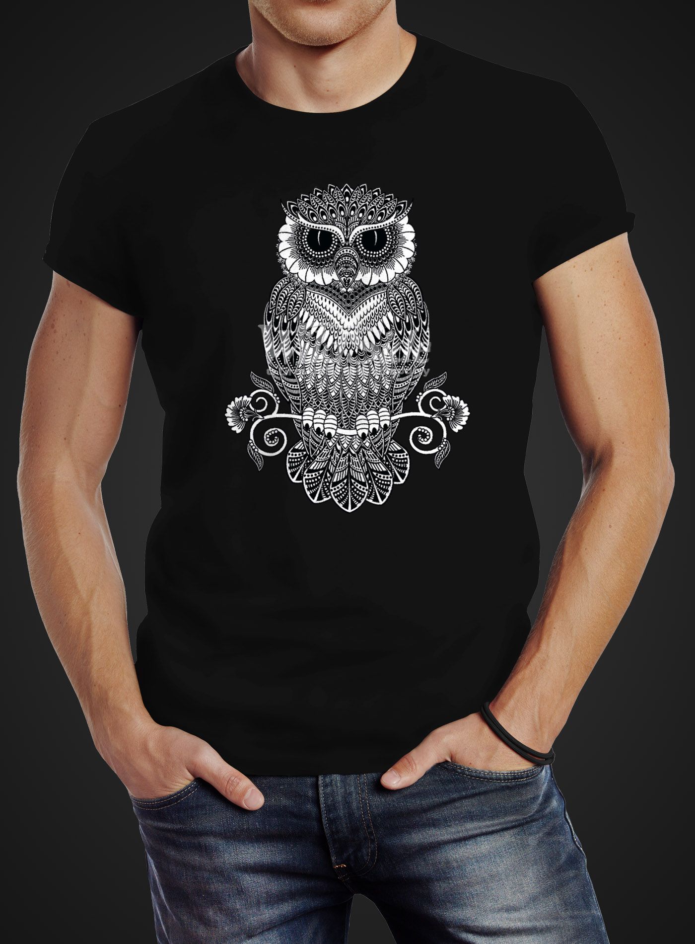 Herren T-Shirt Eule Mandala Zentangle Owl Slim Fit ...