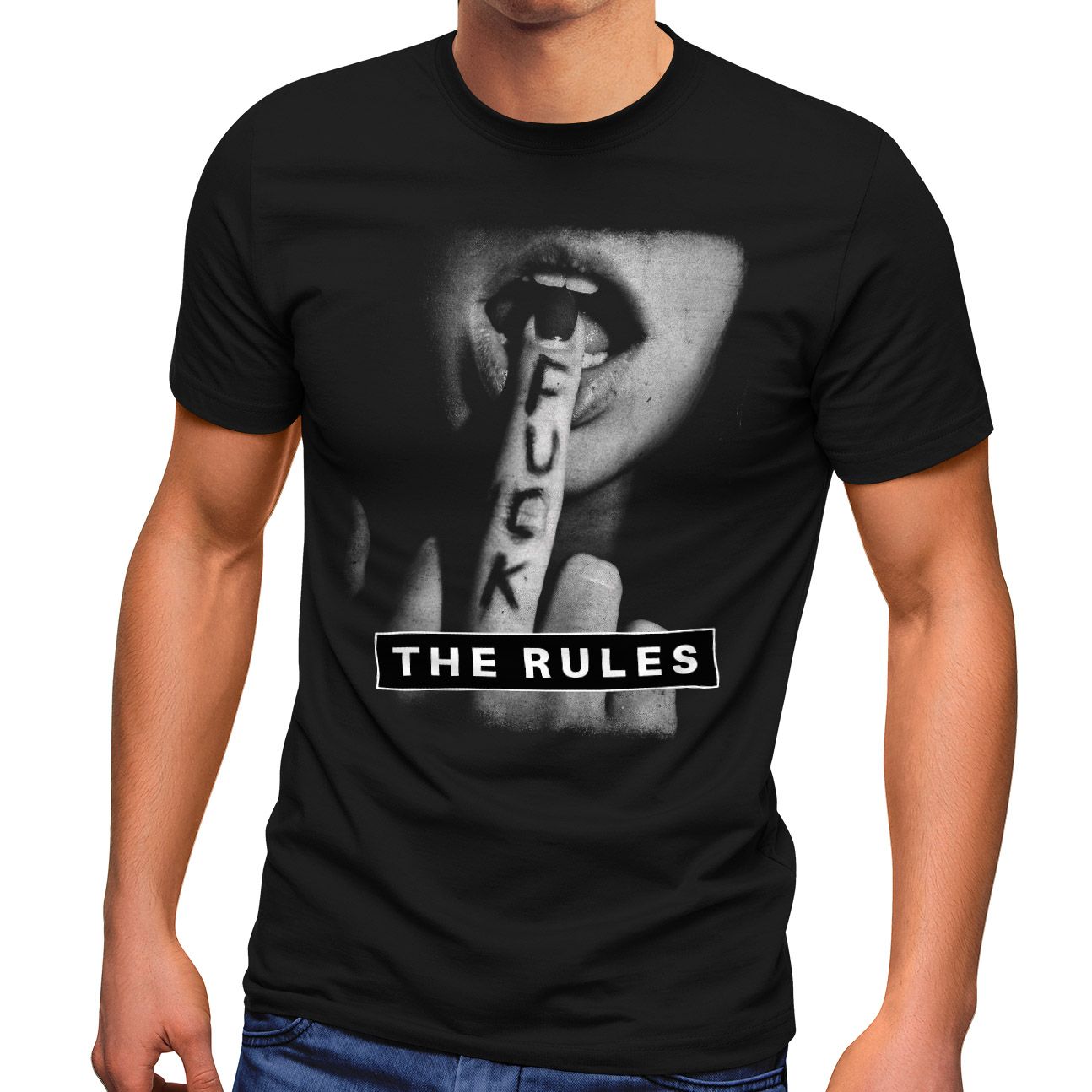 Herren T-Shirt Fuck the Rules Fotoprint Mittelfinger Fashion Streetstyle Neverless® 