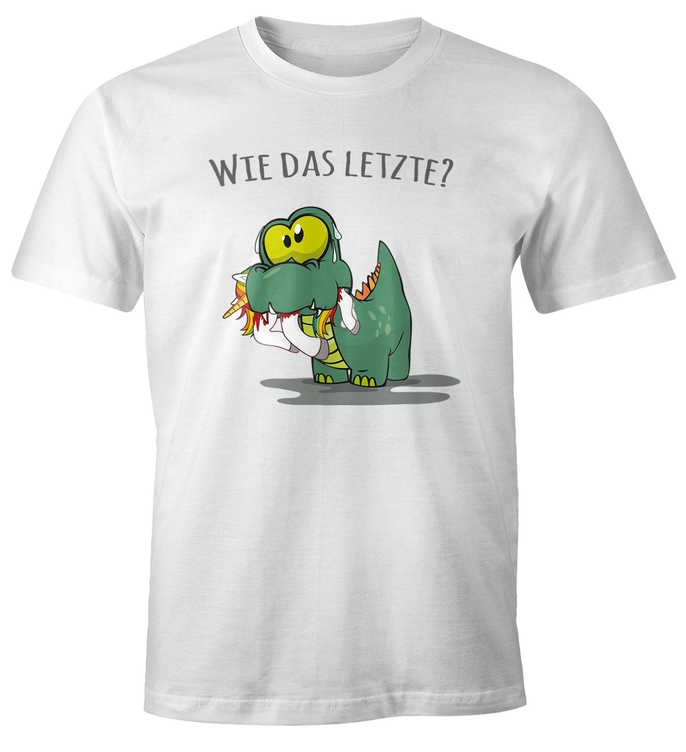 Herren T-Shirt Fun Motiv kleiner Dino frisst Einhorn Spruch "Wie das Letzte?" Fun-Shirt lustig Moonworks®