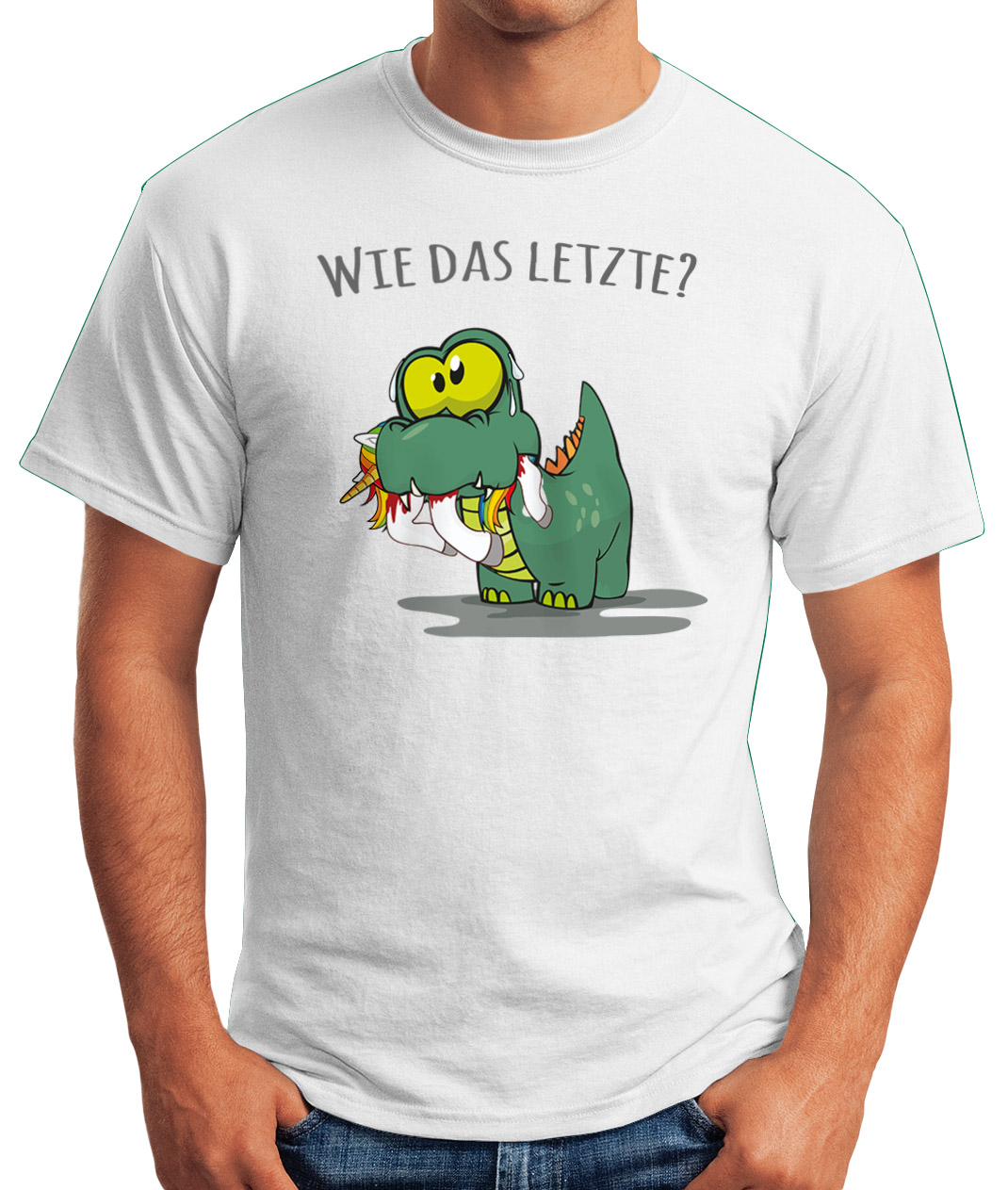 Herren TShirt Fun Motiv kleiner Dino frisst Einhorn Spruch "Wie das