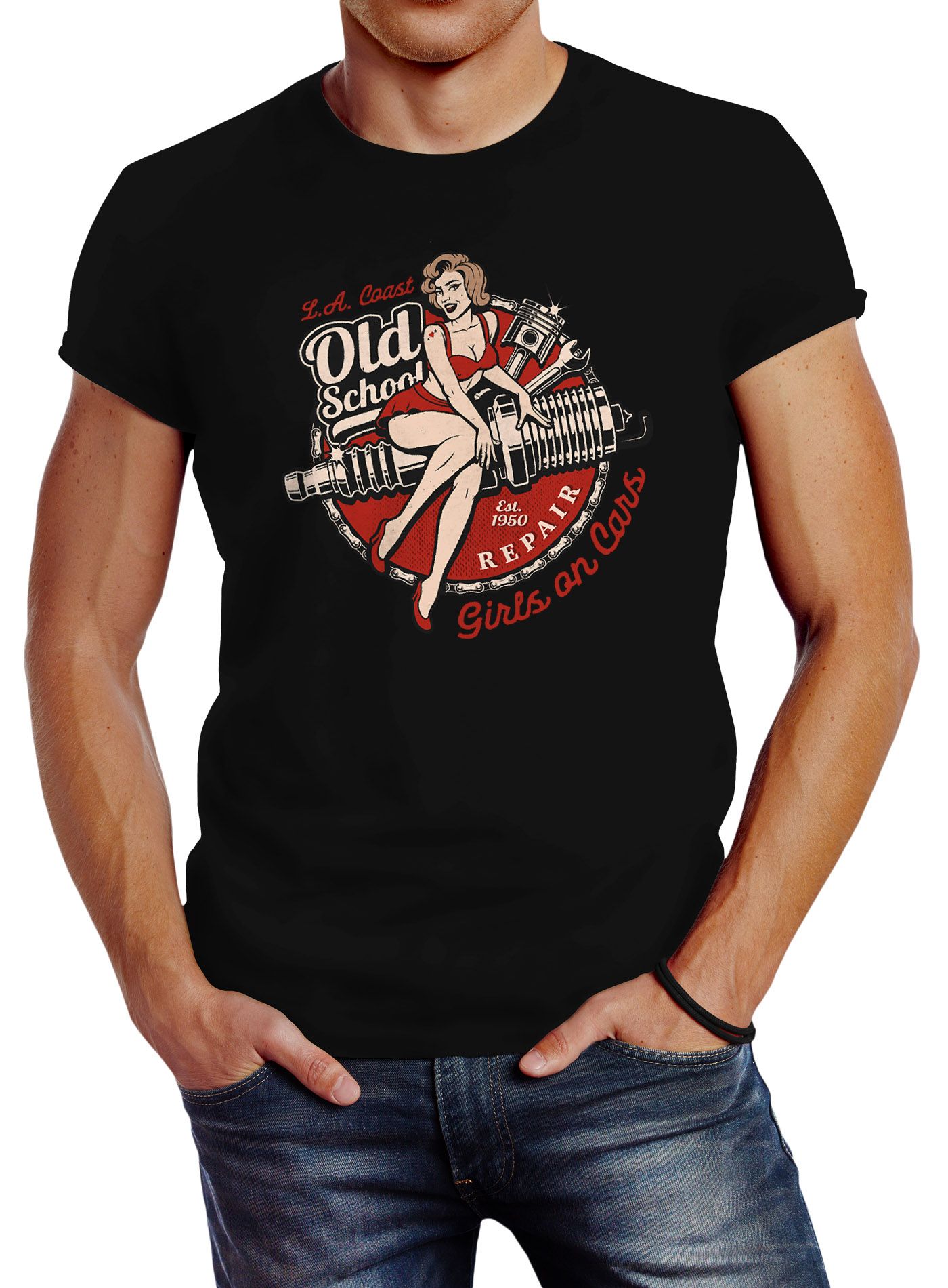 Herren T-Shirt Girls on Cars Retro Vintage Print Pin up Girl Logo Aufdruck Slim Fit Neverless®