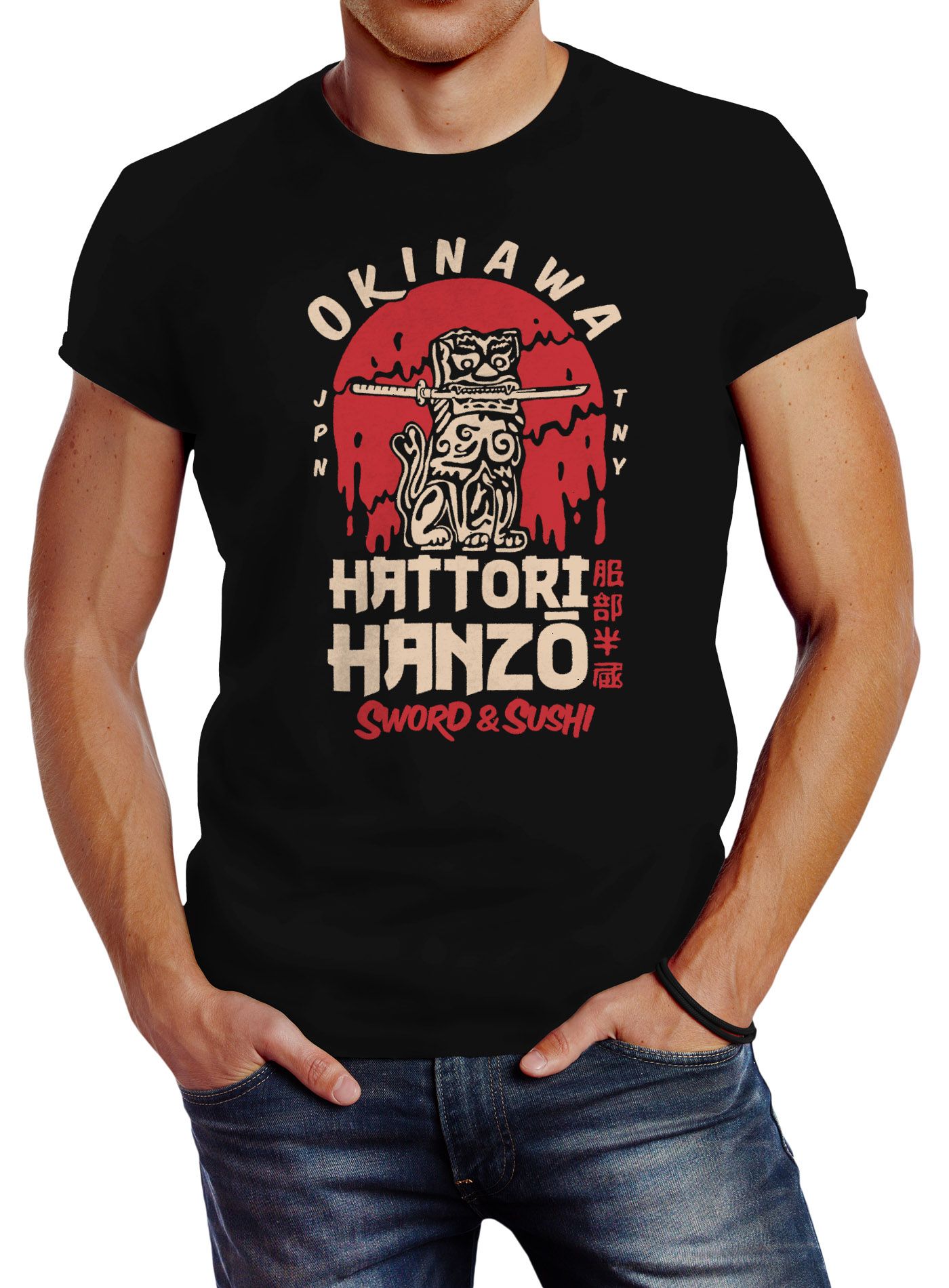 Herren T-Shirt Hattori Hanzo Sword and Sushi Okinawa Japan Schriftzeichen Fashion Streetstyle Neverless®