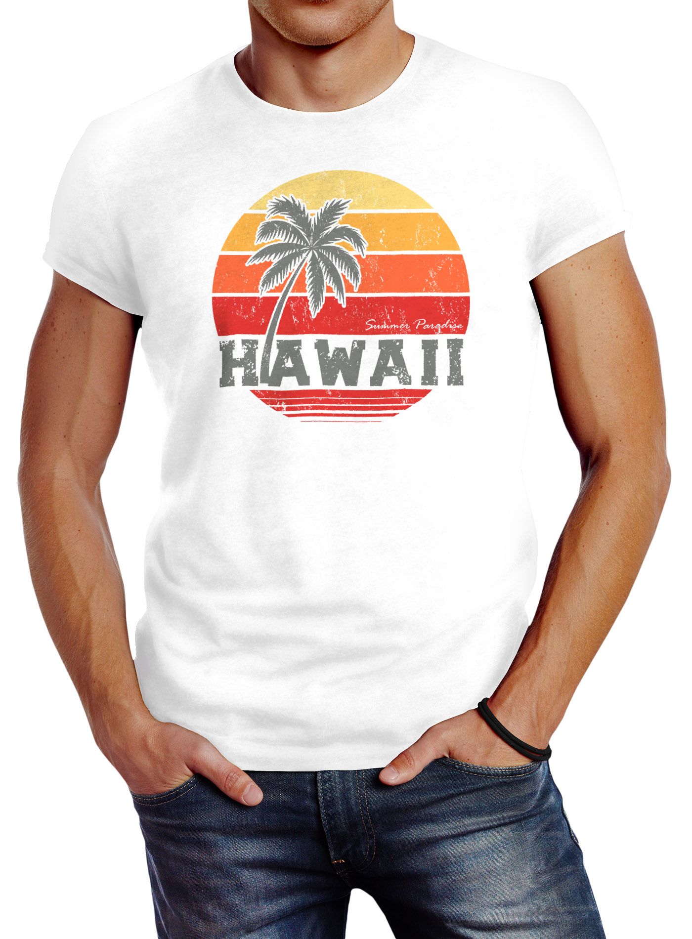 Herren T-Shirt Hawaii Palme Tropical Summer Retro Slim Fit Baumwolle Neverless®