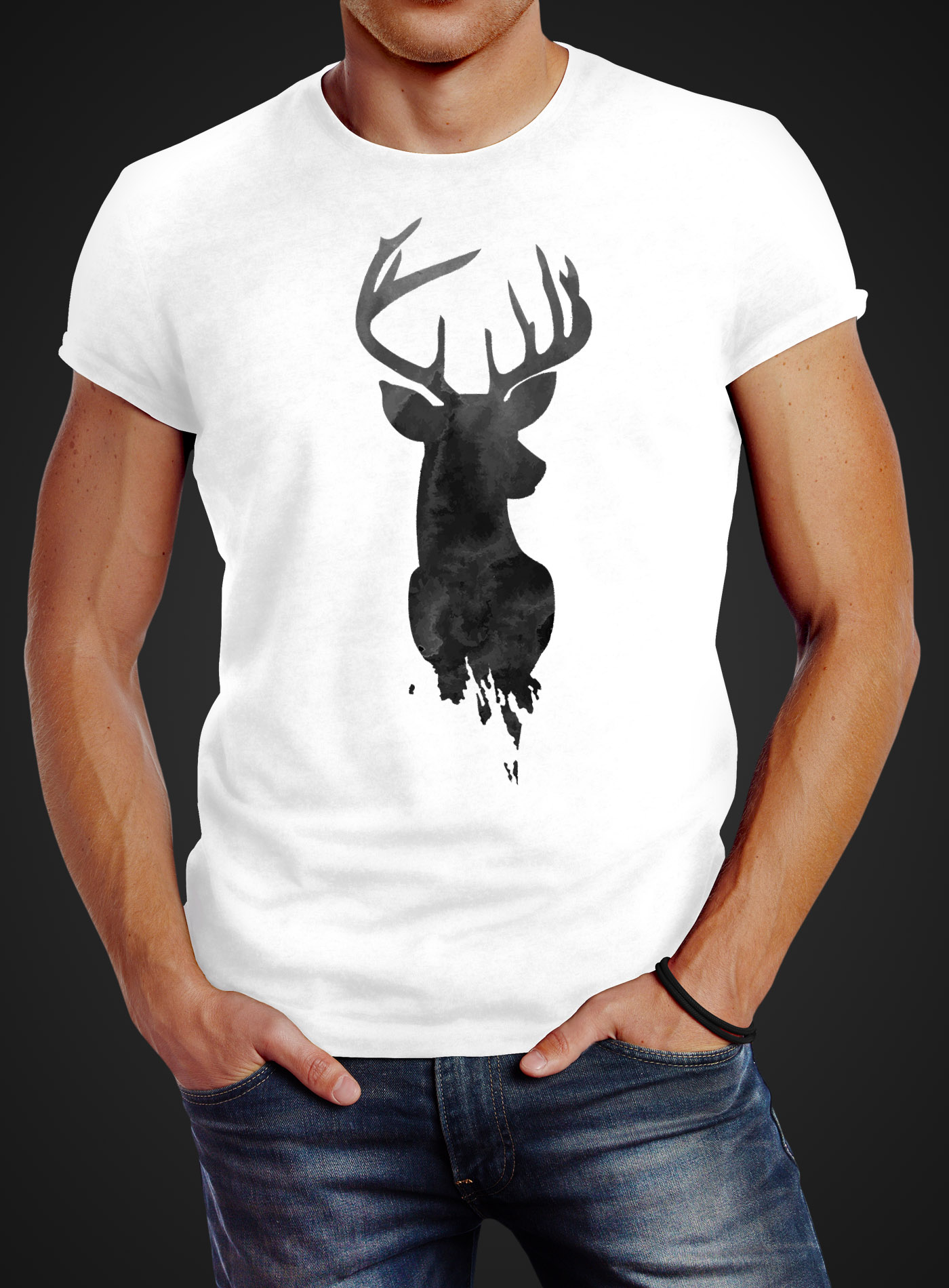 Herren T-Shirt Hirsch Geweih Kopf Deer Watercolor Polygon Tier Slim Fit Neverless  6815