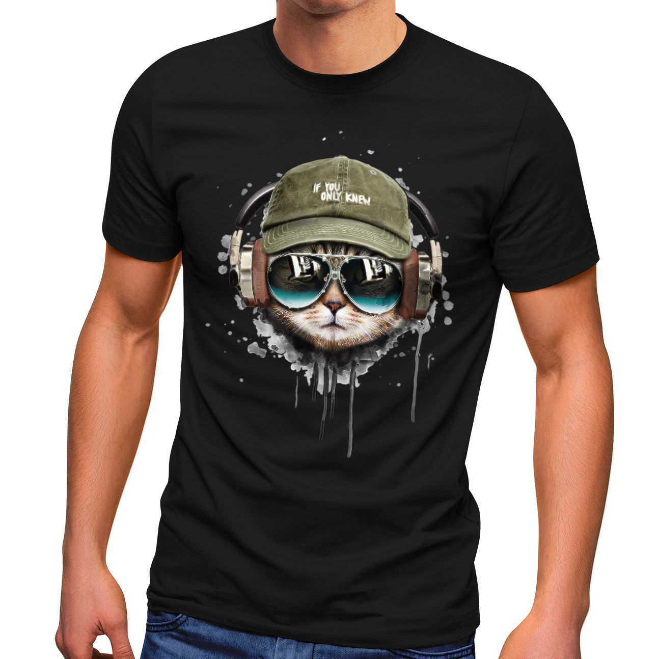 Herren T-Shirt Katzen-Motiv cool Kopfhörer Musik Fashion Streetstyle Neverless® 