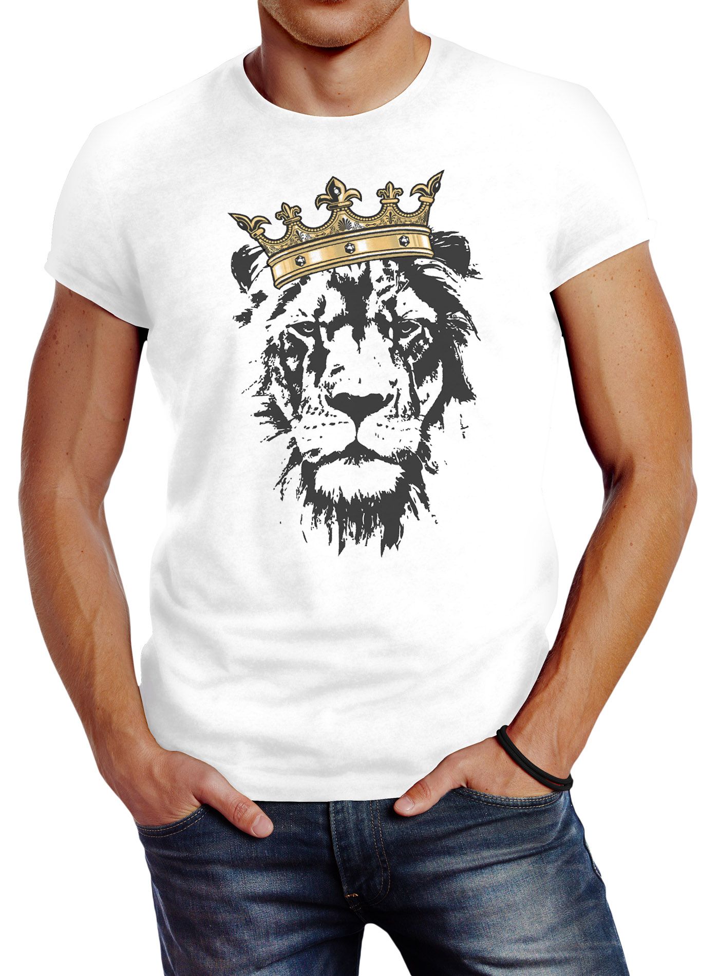 Herren T-Shirt König der Tiere Löwen-Kopf mit Krone Slim Fit Neverless®