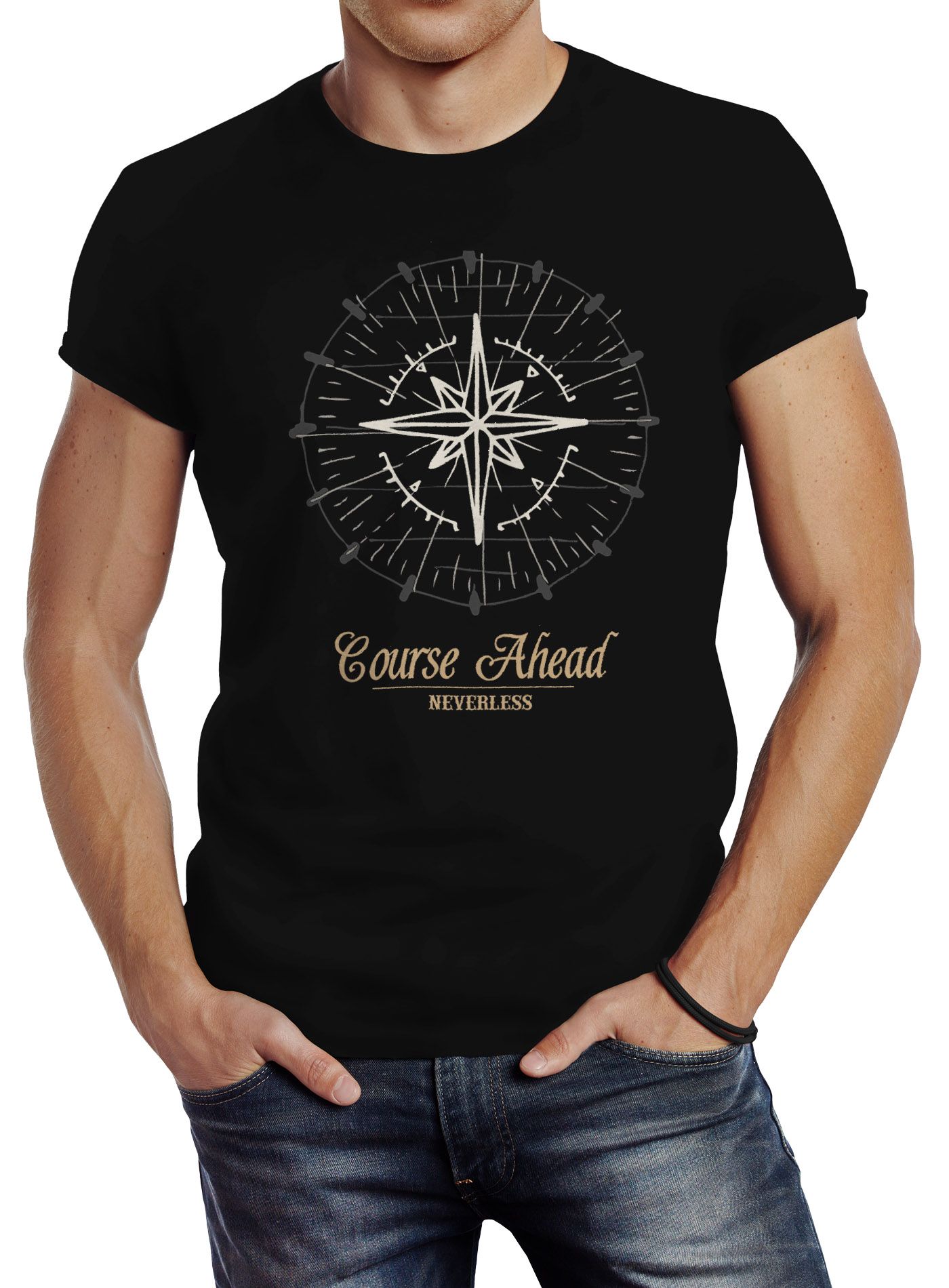 Herren T-Shirt Kompass Windrose Navigator Segeln Slim Fit Neverless®