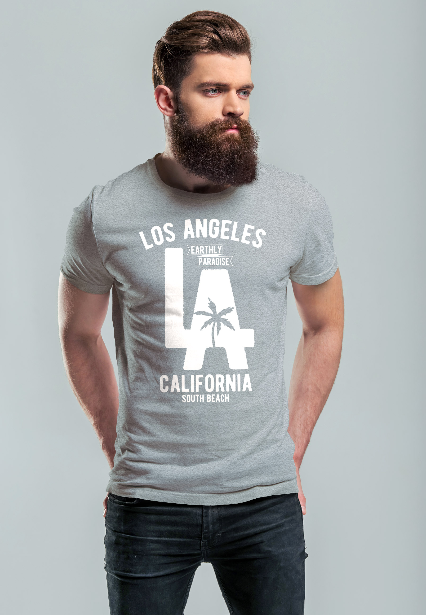 T-shirt Uomo Neverless Con Palme California West Coast, Slim Fit, Bianca