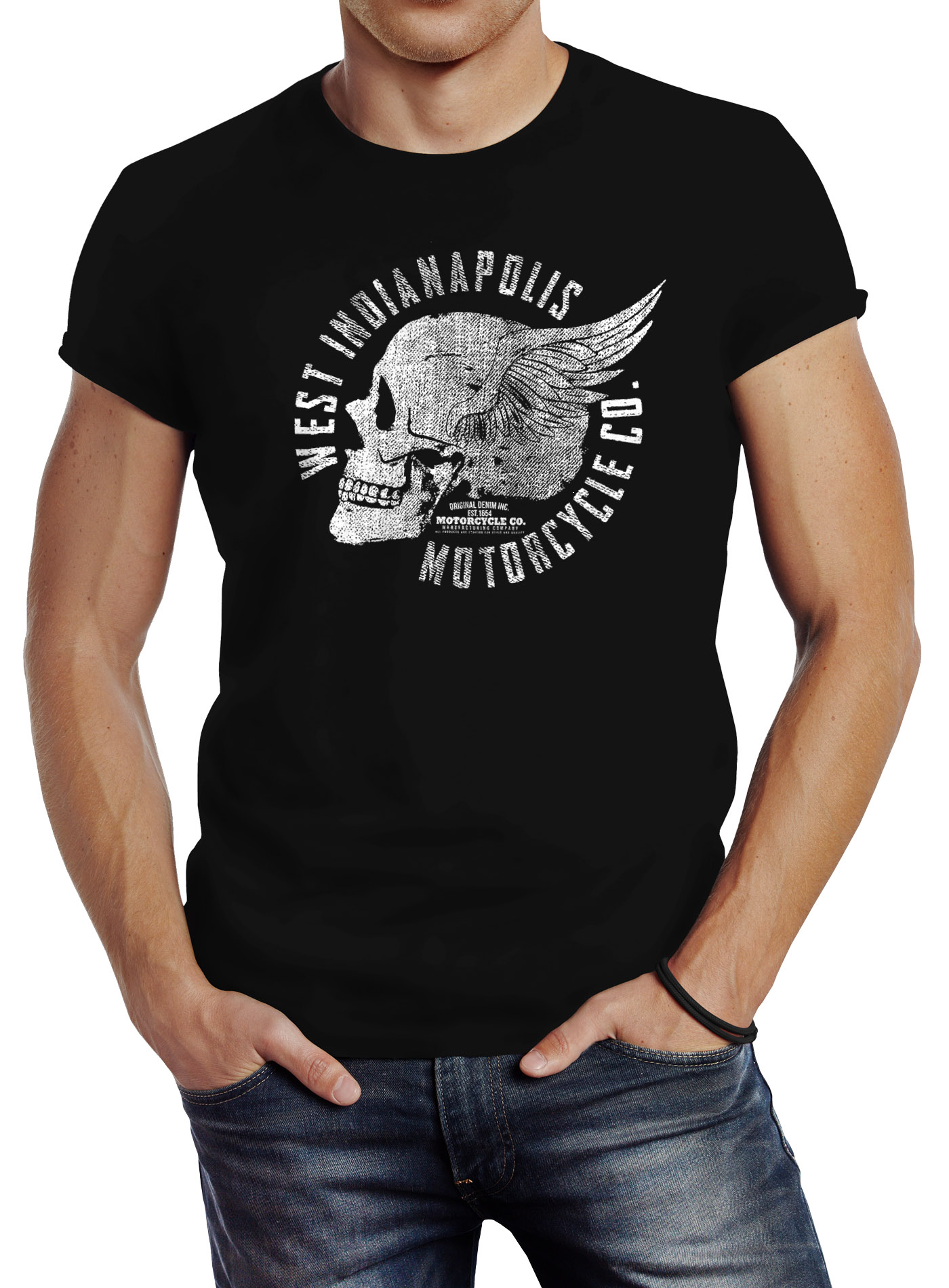 Neverless Herren T-Shirt Biker Motorrad Motiv Freedom Is A Full Tank Skull Totenkopf Slim Fit Navy XS