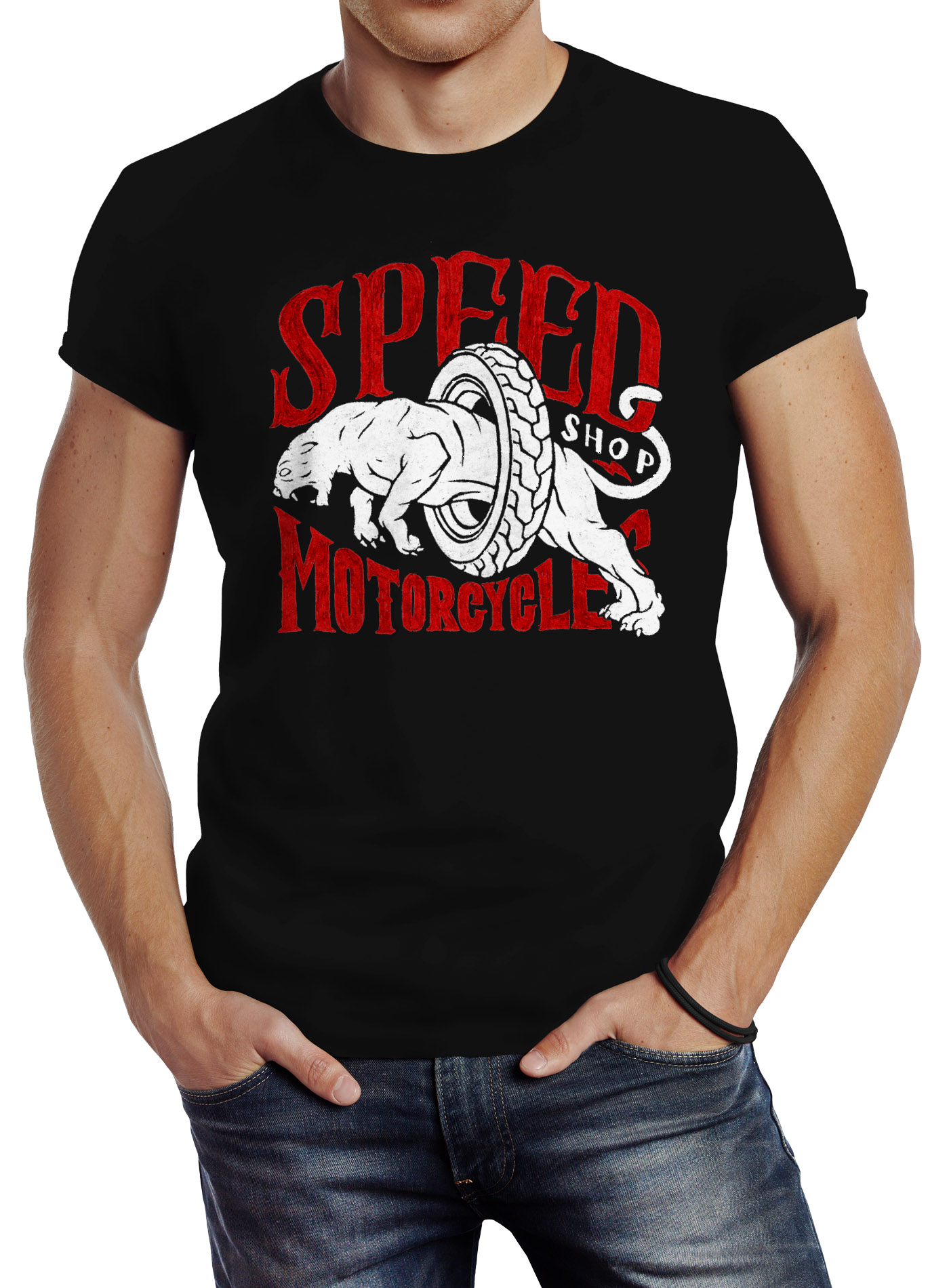 Neverless Damen T-Shirt Slim Fit Mit Vintage Motorrad-Motiv - Rockabilly Biker Style Für Lässigen Look