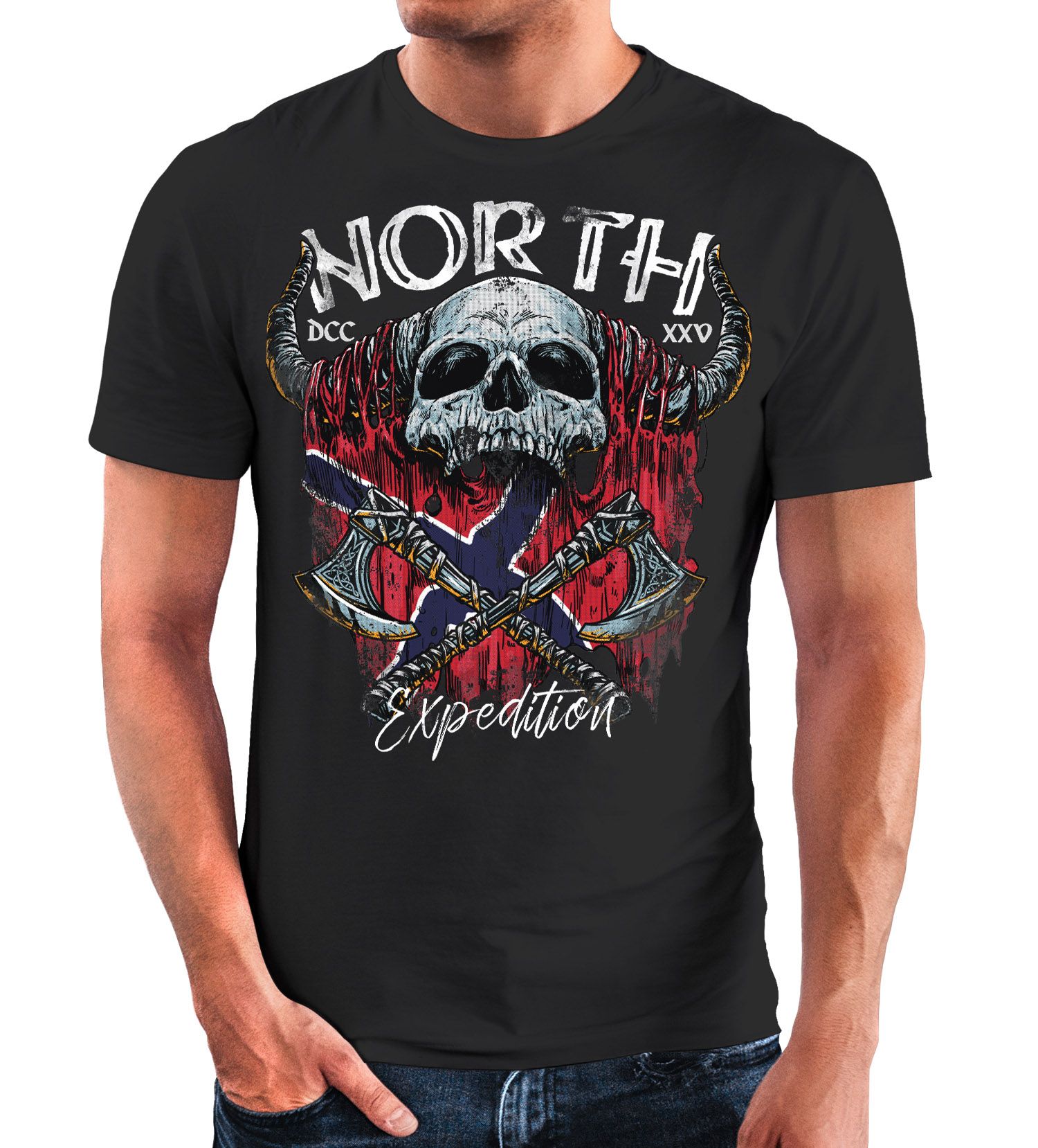 Herren T-Shirt North Wikinger Norwegen Skull Totenkopf Print Aufdruck Fashion Streetstyle Neverless®