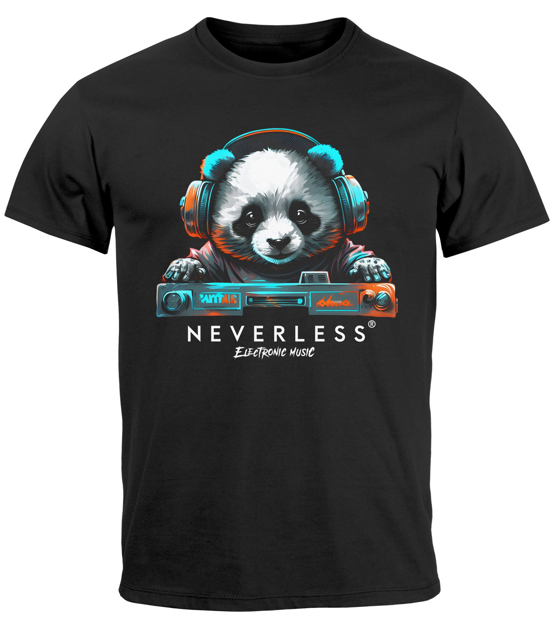 Herren T-Shirt Panda Bär Aufdruck Tiermotiv Musik Techo Print Fashion Streetstyle Neverless®