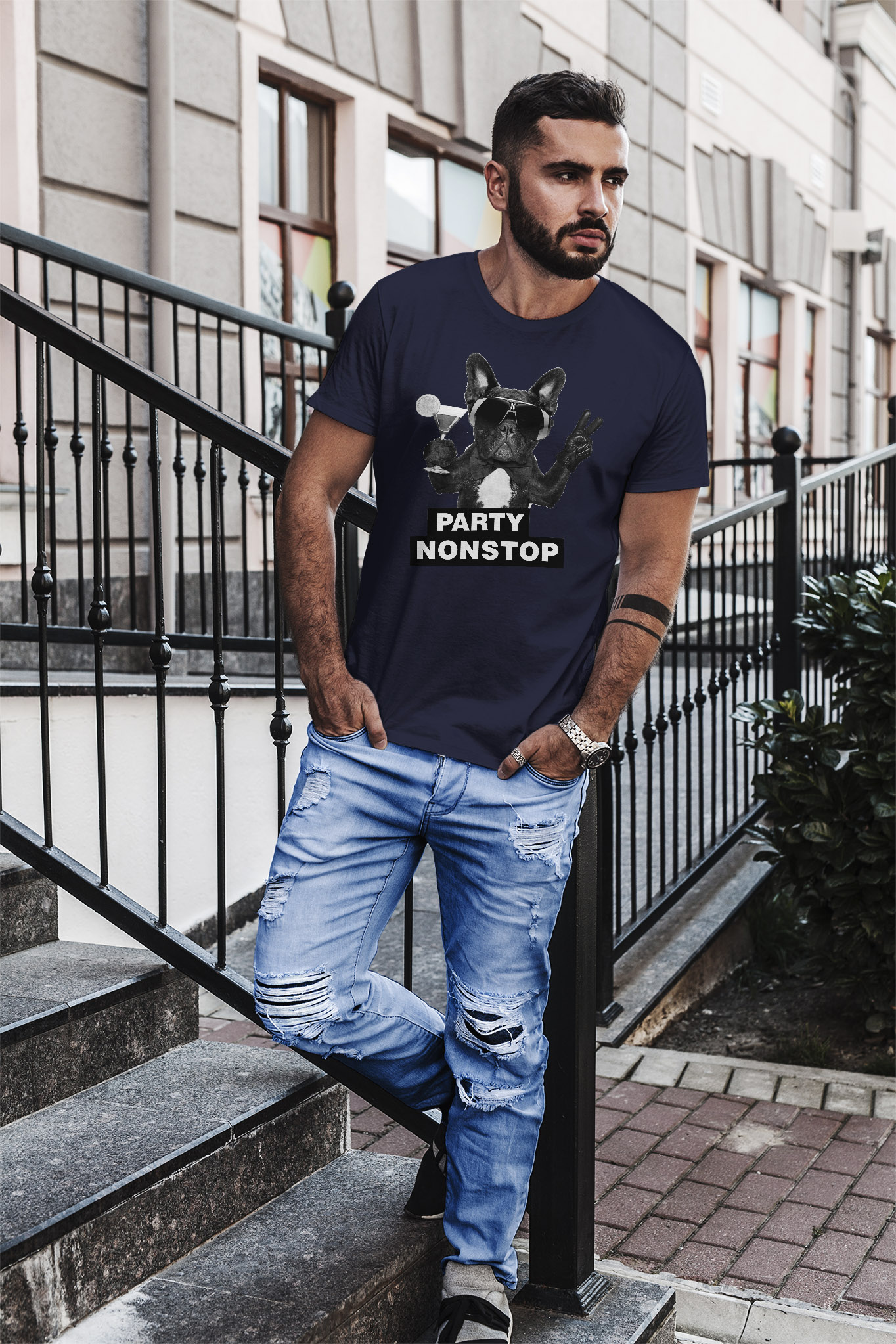 Herren T Shirt Party Nonstop Mops French Bulldog Slim Fit Neverless herren-t-shirt-party-nonstop-mops-french-bulldog-slim-fit-neverless