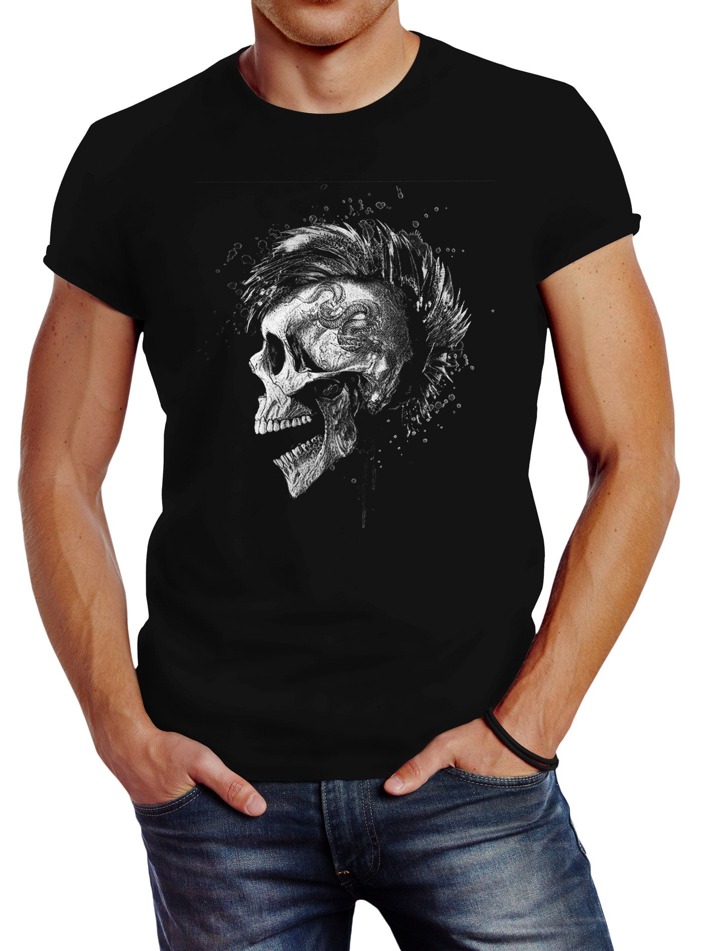 Herren T-Shirt Punk Mohawk Skull Totenkopf Irokese Shirt Slim Fit Neverless®