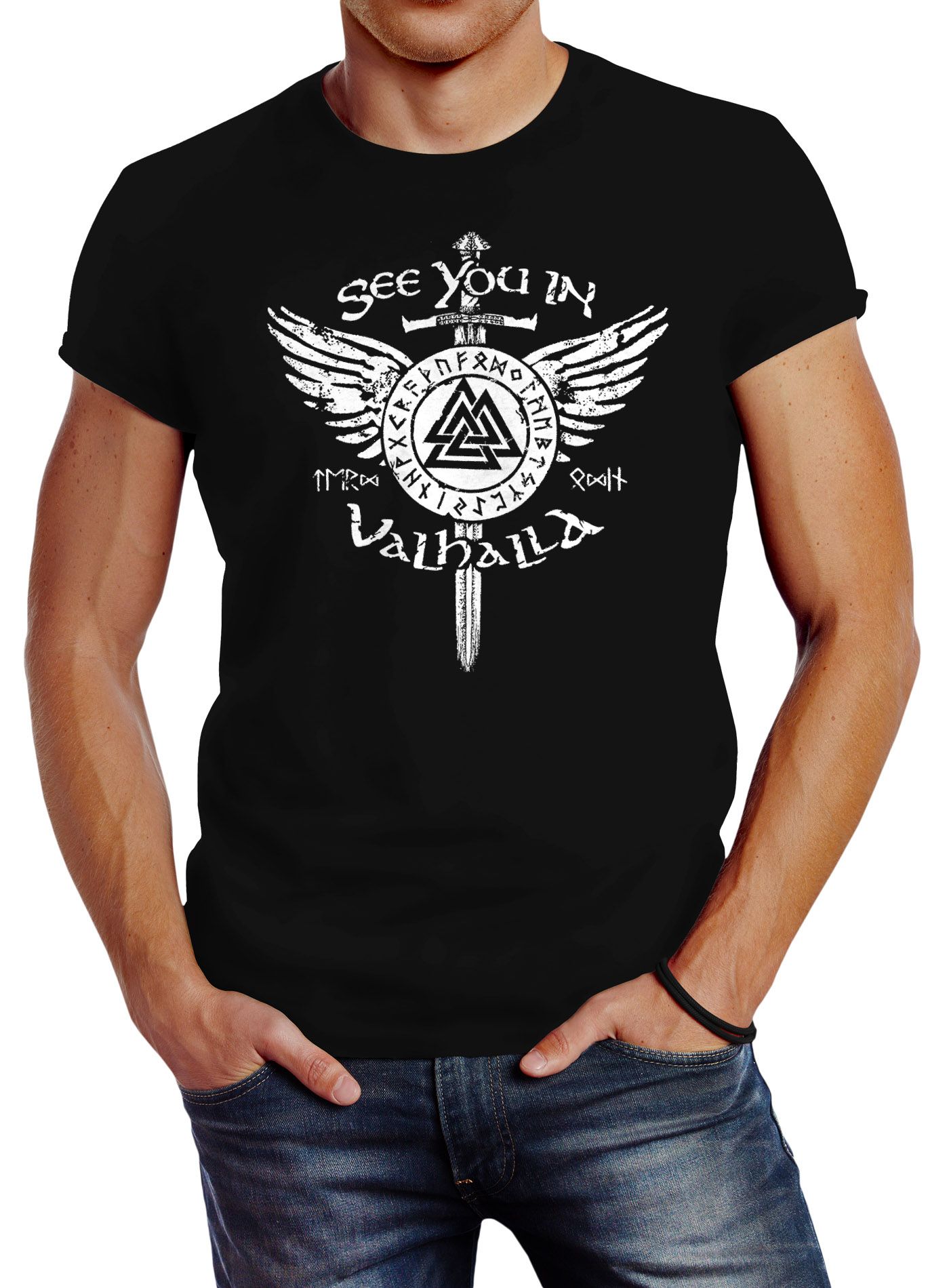 Herren T-Shirt See you in Valhalla Schwert Runen Odin Vikings Fashion Streetstyle Neverless®