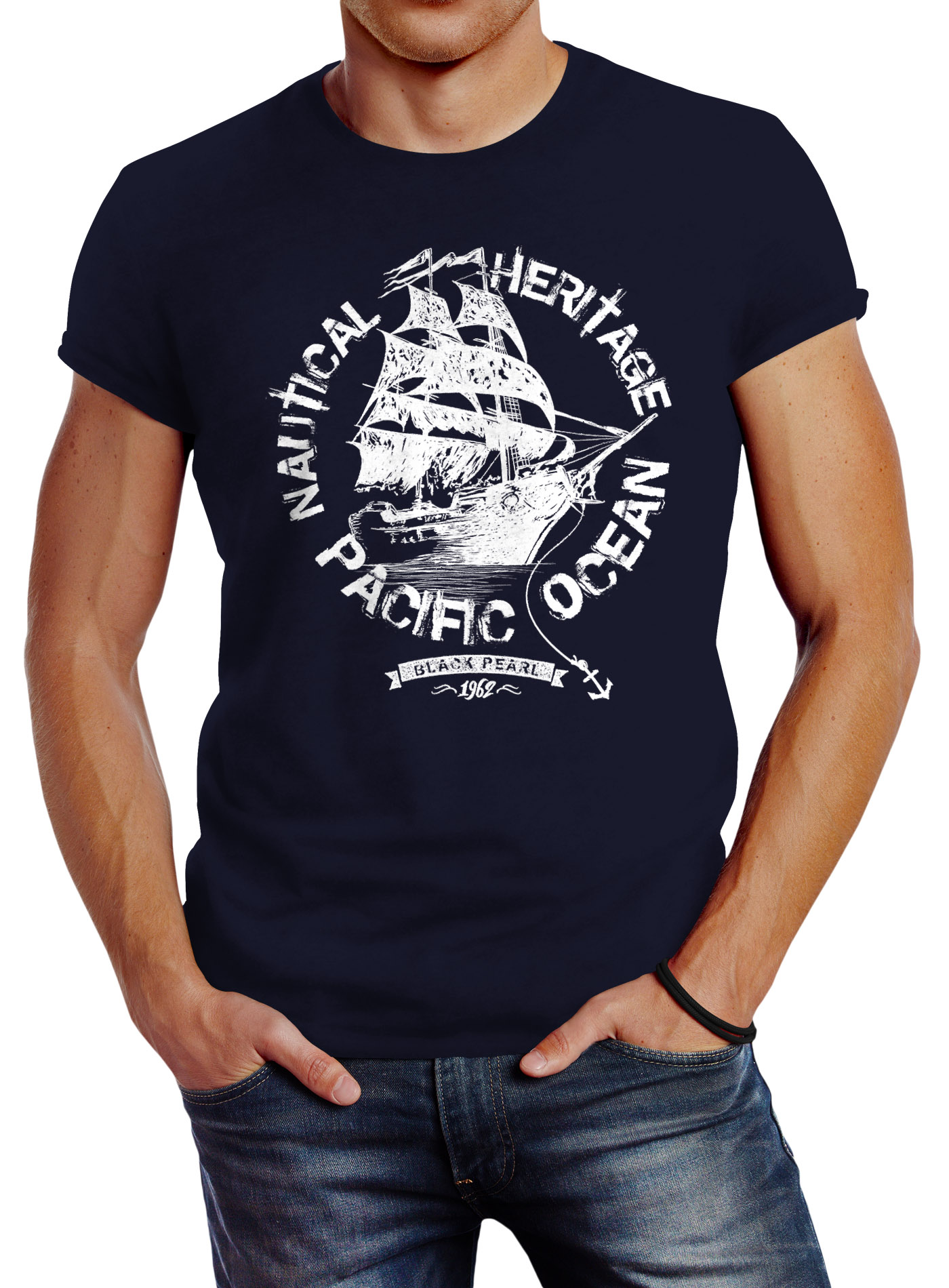Maglietta Uomo Neverless Con Nave Dei Pirati - Slim Fit, 100% Cotone, Colore Navy, Taglia XL