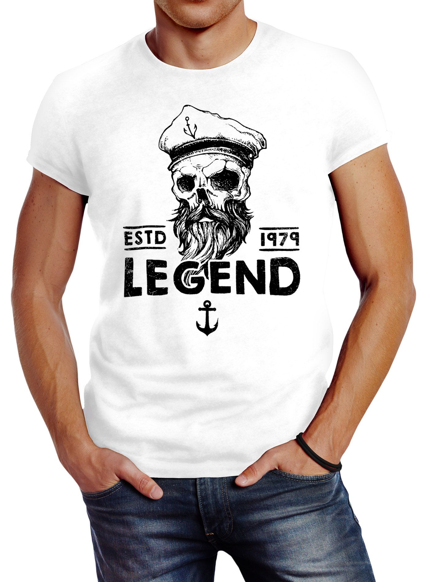 Herren T-Shirt Skull Captain Legend Totenkopf Bart Kapitän Slim Fit Neverless®