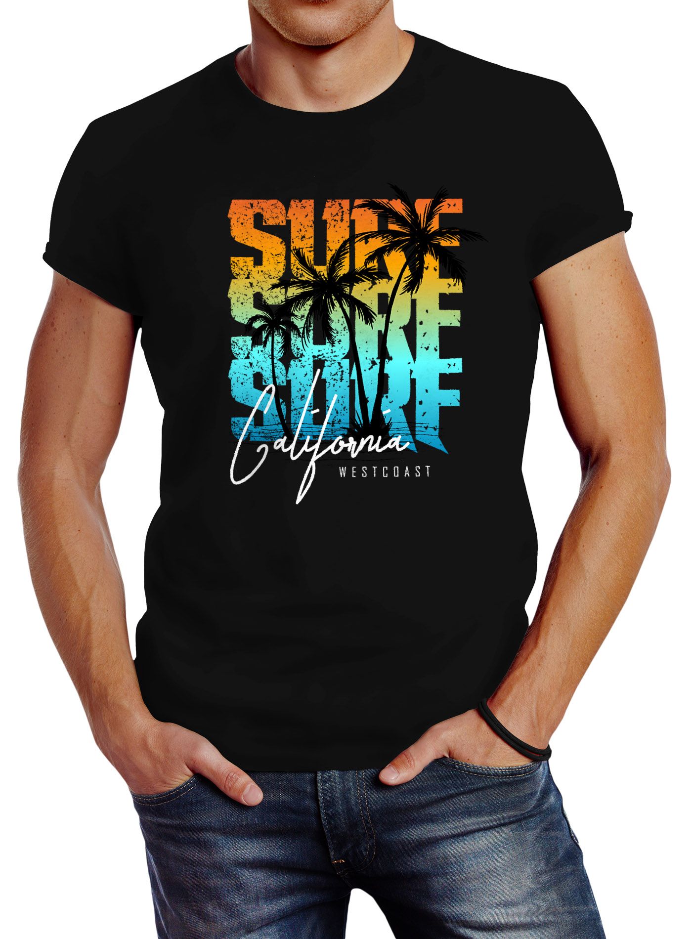 Herren T-Shirt Sommer Surf California Palmen Slim Fit Neverless®