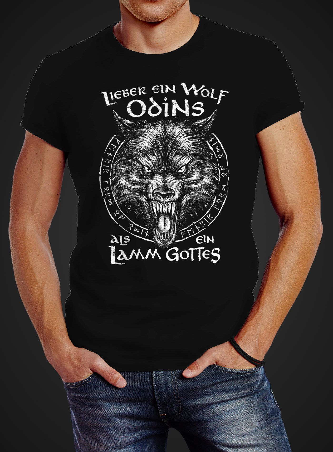 Herren TShirt Spruch Lieber ein Wolf Odins als ein Lamm Gottes