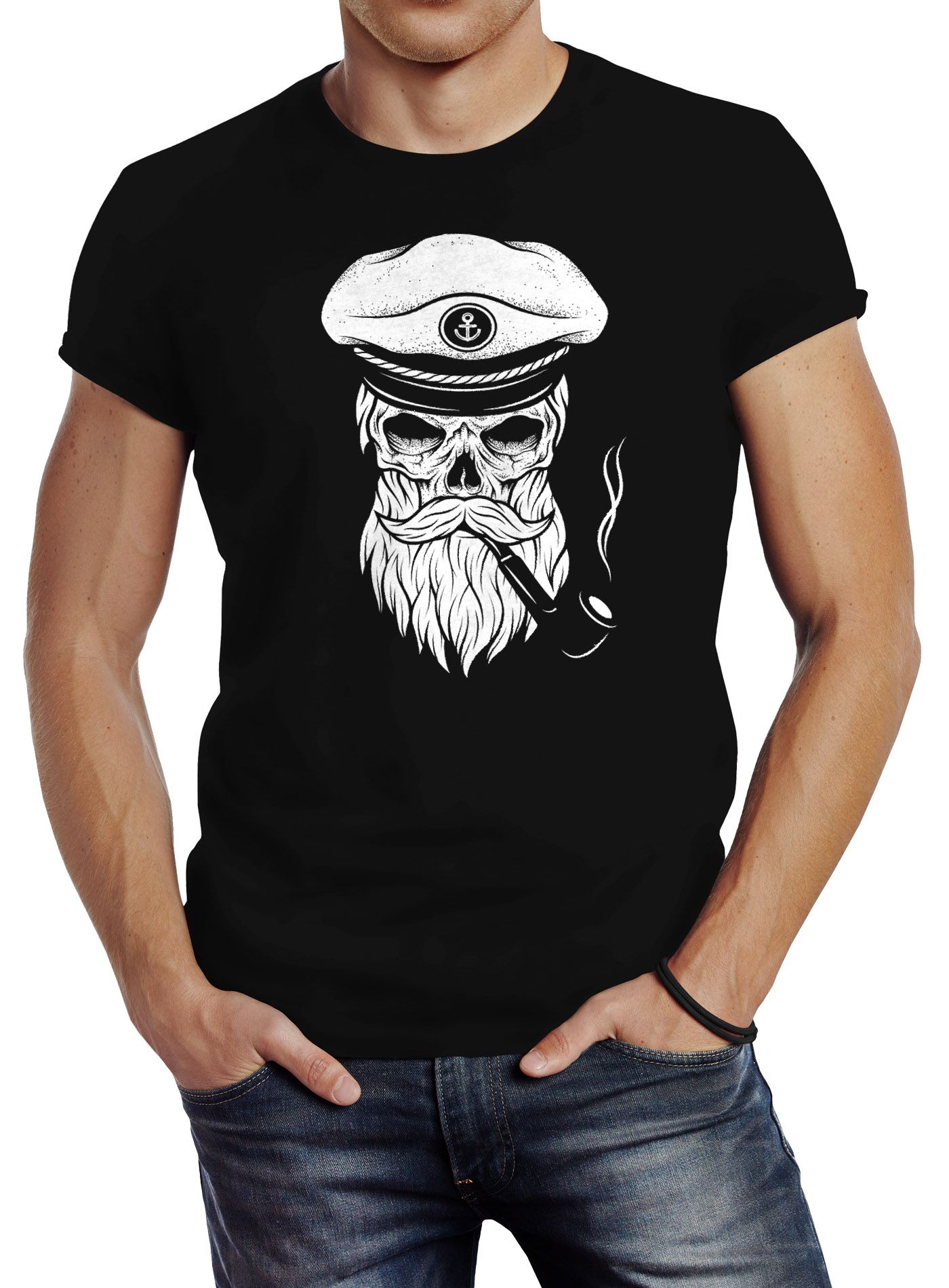 Herren T-Shirt Totenkopf Kapitän Captain Skull Hipster Slim Fit Neverless®