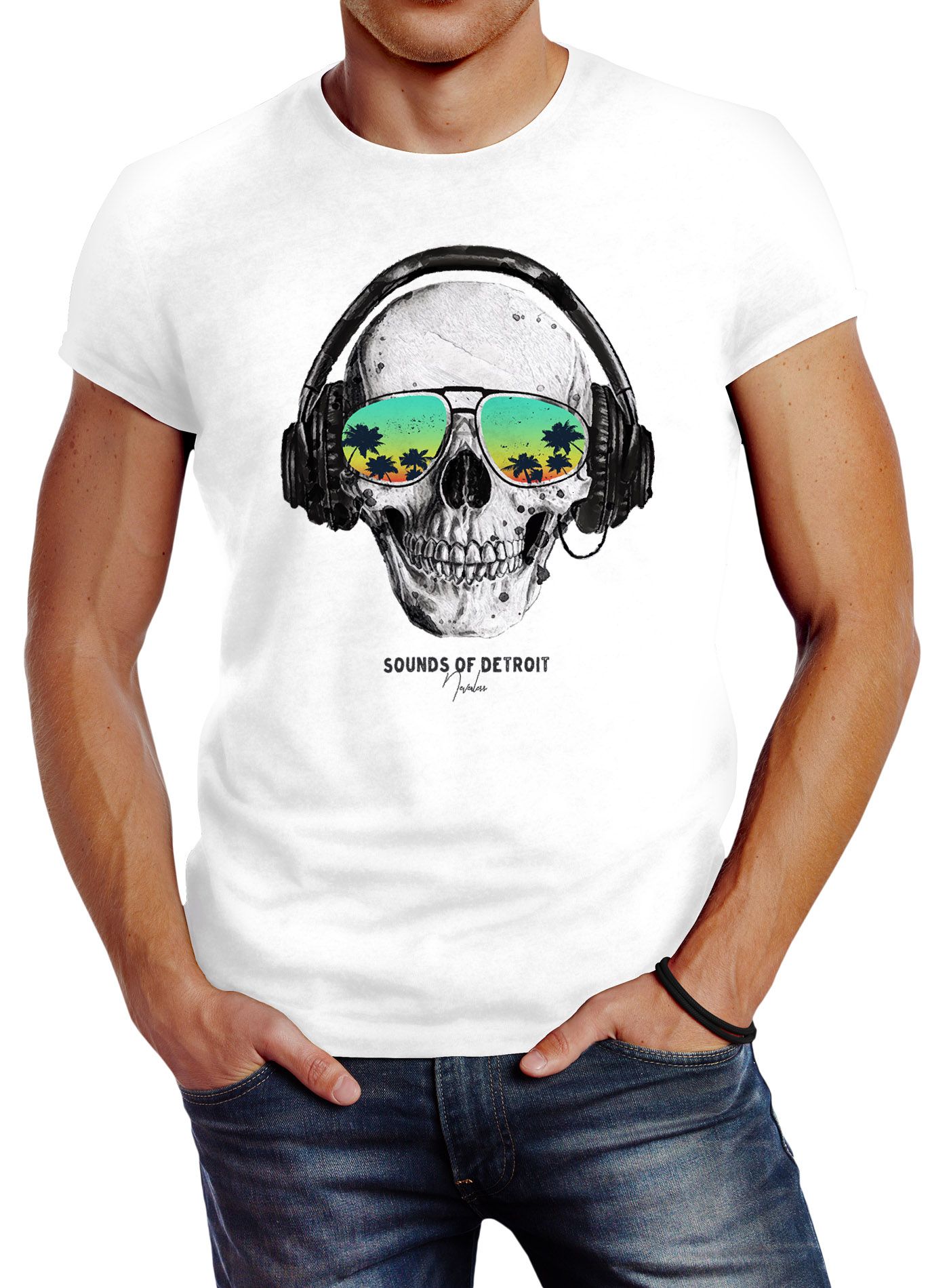 Herren T-Shirt Totenkopf Kopfhörer Musik Party Skull Sonnenbrille Schädel Sounds of Detroit Music Slim Fit Neverless®