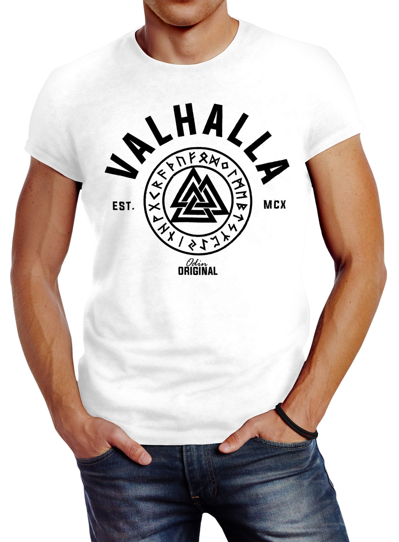 Herren T-Shirt Valhalla Runen Vikings Wikinger Slim Fit Neverless®