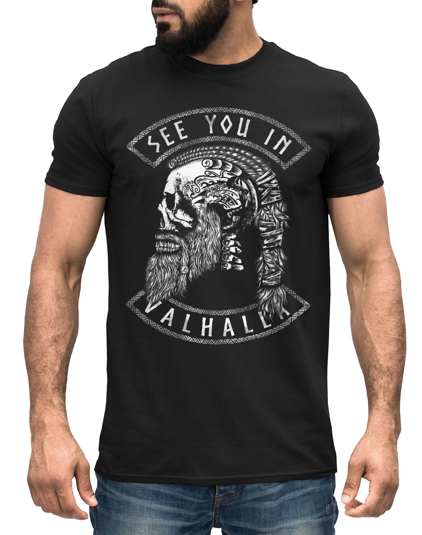 Herren T-Shirt Wikinger Totenkpf Spruch See you in Valhalla Odin Ragnar nordische Mythologie Neverless®
