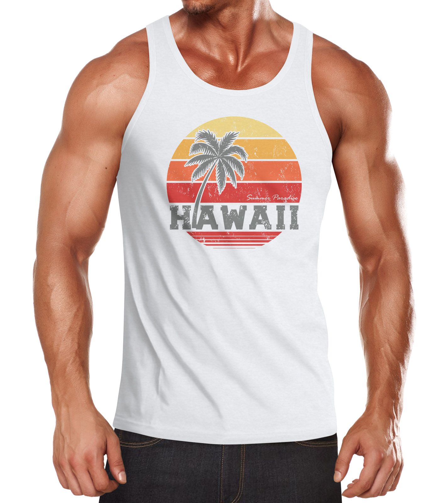 Herren Tank-Top Hawaii Palme Tropical Summer Retro Slim Fit Baumwolle Muskelshirt Muscle Shirt Neverless®