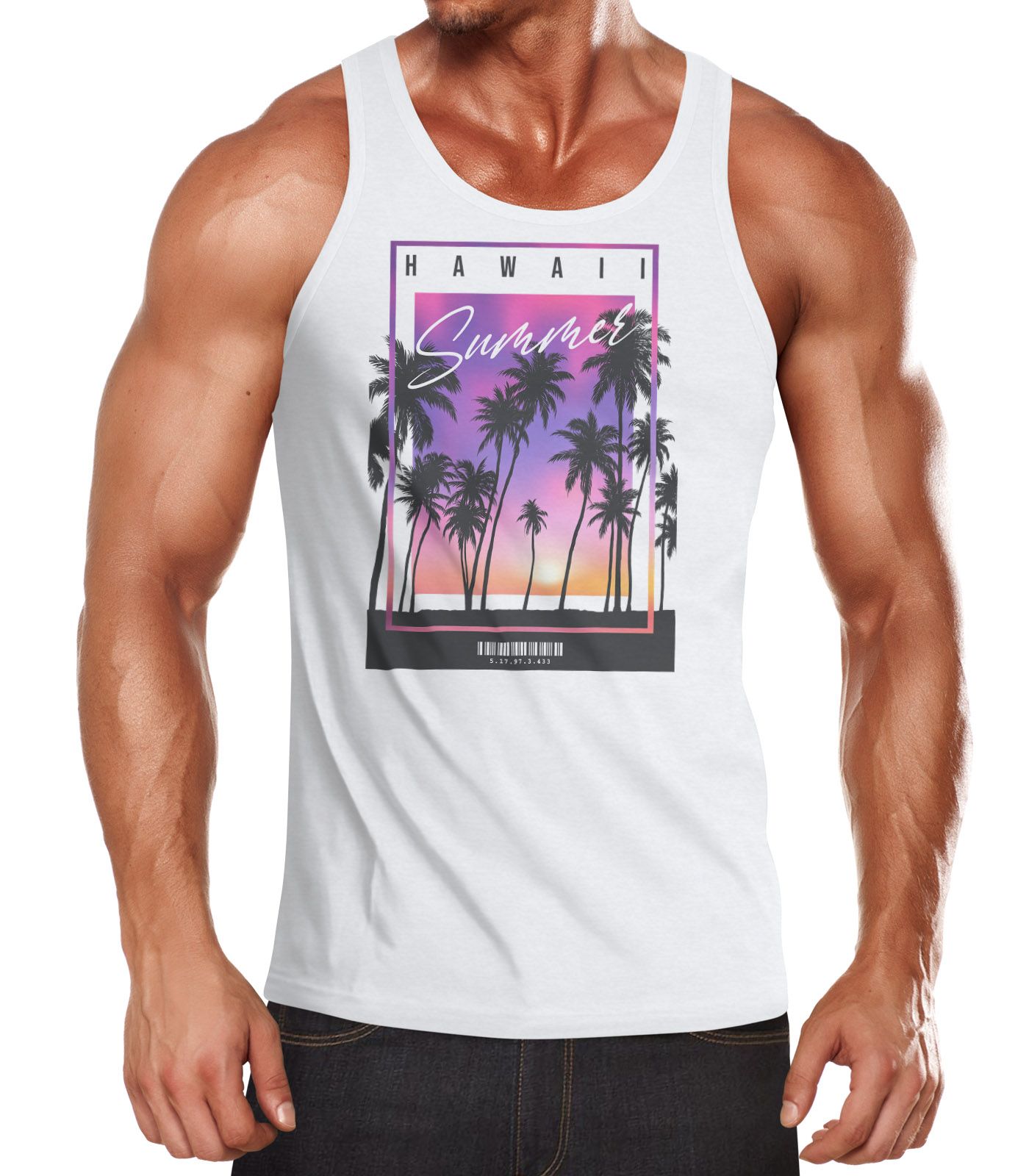 Herren Tank-Top Hawaii Summer Schriftzug Palmen Foto-Print Sommer Surfing Muskelshirt Muscle Shirt Neverless®