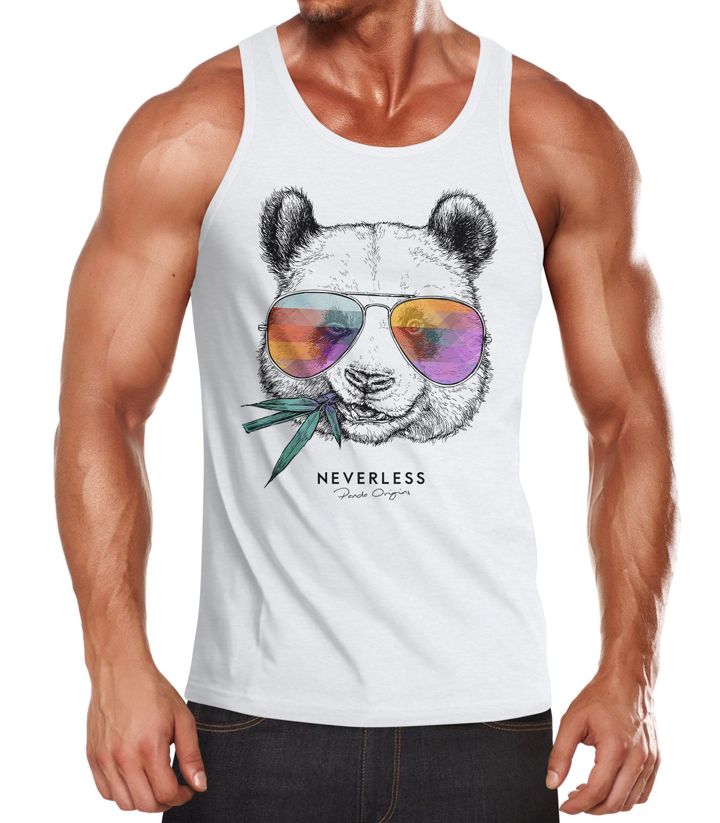 Herren Tank-Top Panda Bär Aufdruck Tiermotiv mit Sonnenbrille Fashion Streetstyle Muskelshirt Muscle Shirt Neverless®