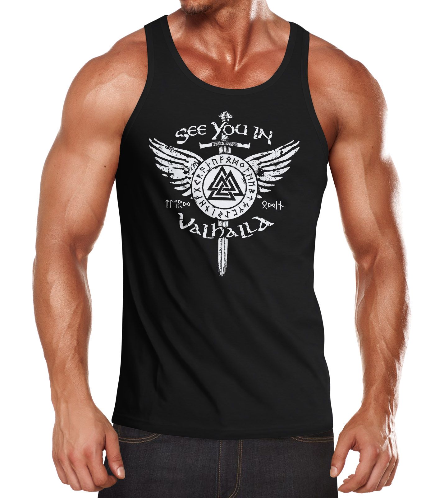 Herren Tank-Top See you in Valhalla Schwert Runen Odin Vikings Muskelshirt Muscle Shirt Neverless®