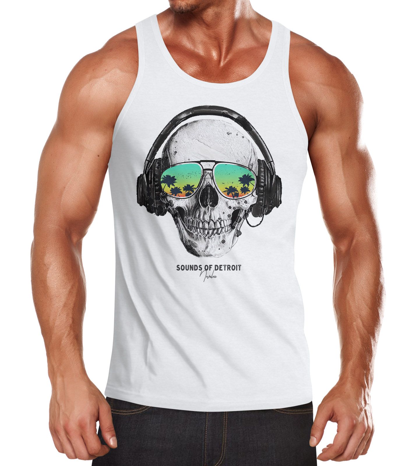 Herren Tank-Top Totenkopf Kopfhörer Musik Party Skull Sonnenbrille Schädel Muskelshirt Muscle Shirt Neverless®
