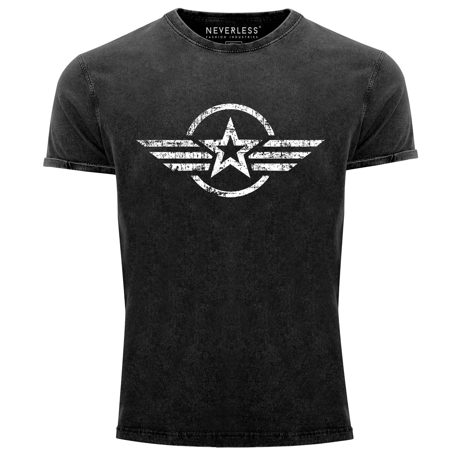 Herren Vintage Shirt Airforce Stern Army Military Aufdruck Printshirt T-Shirt Aufdruck Used Look Slim Fit Neverless®