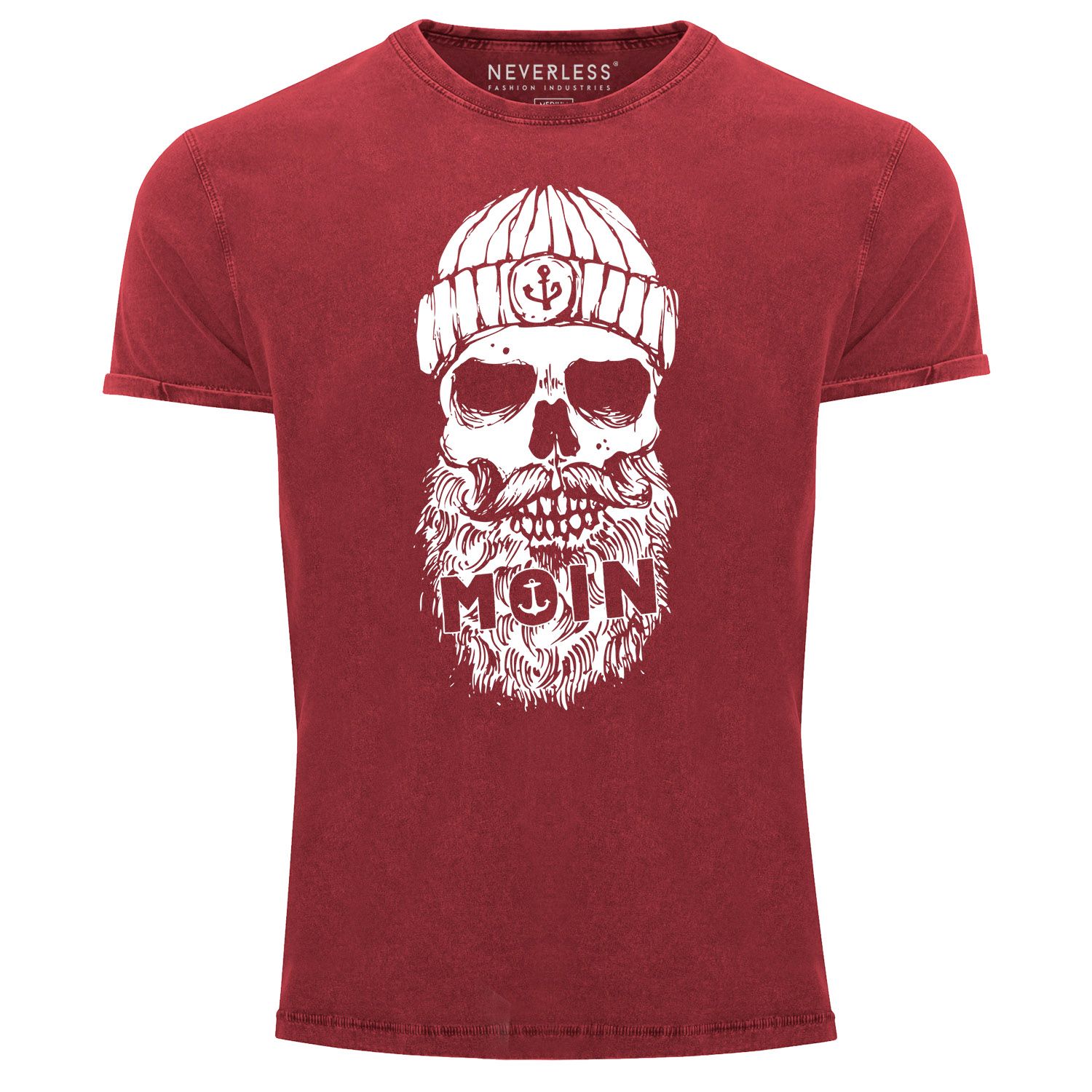 Herren Vintage Shirt Moin Totenkopf Anker Skull Printshirt T-Shirt Aufdruck Used Look Slim Fit Neverless® 