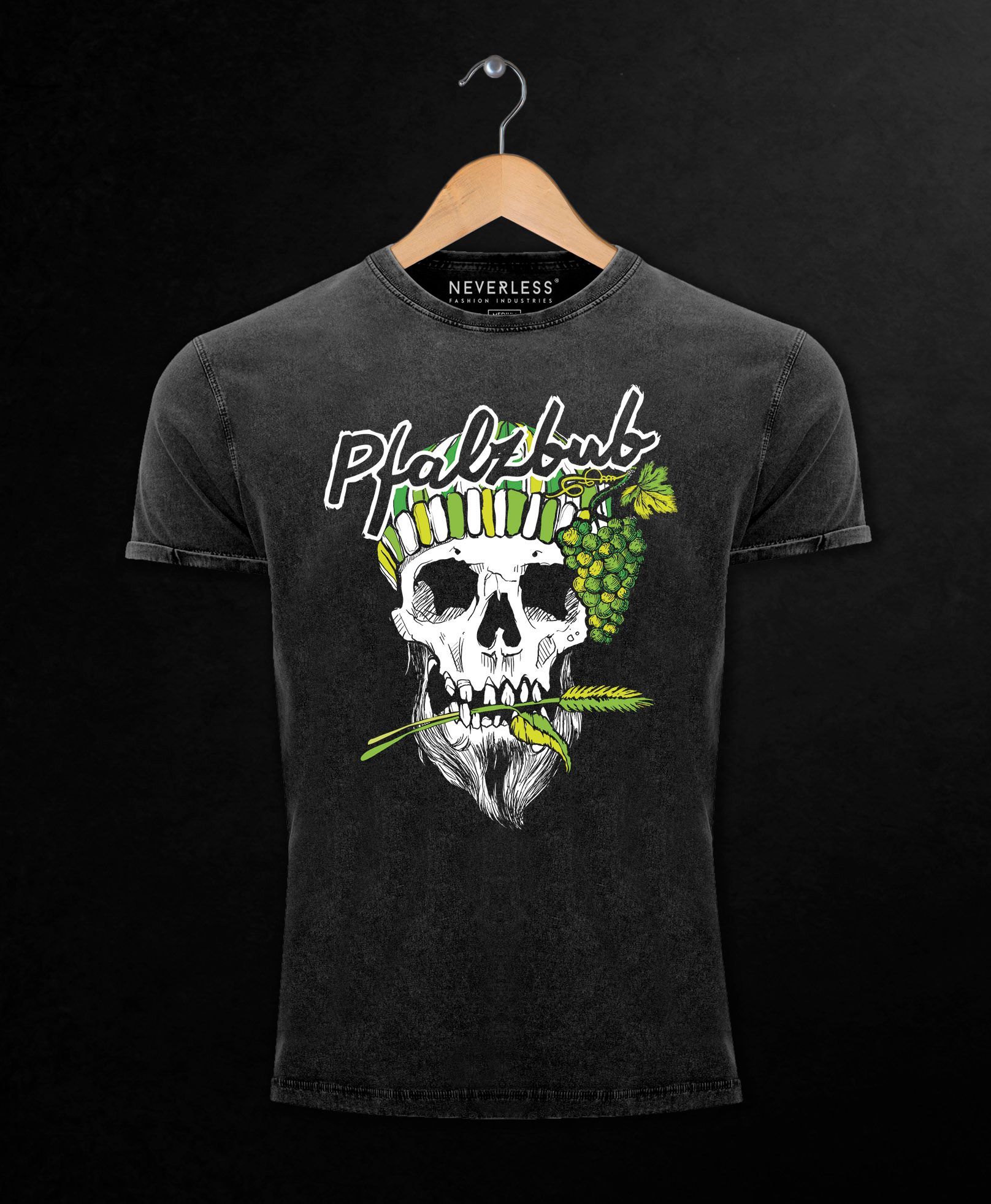 Herren Vintage Shirt Pfalzbub Pfälzer Wein Skull Totenkopf Printshirt T