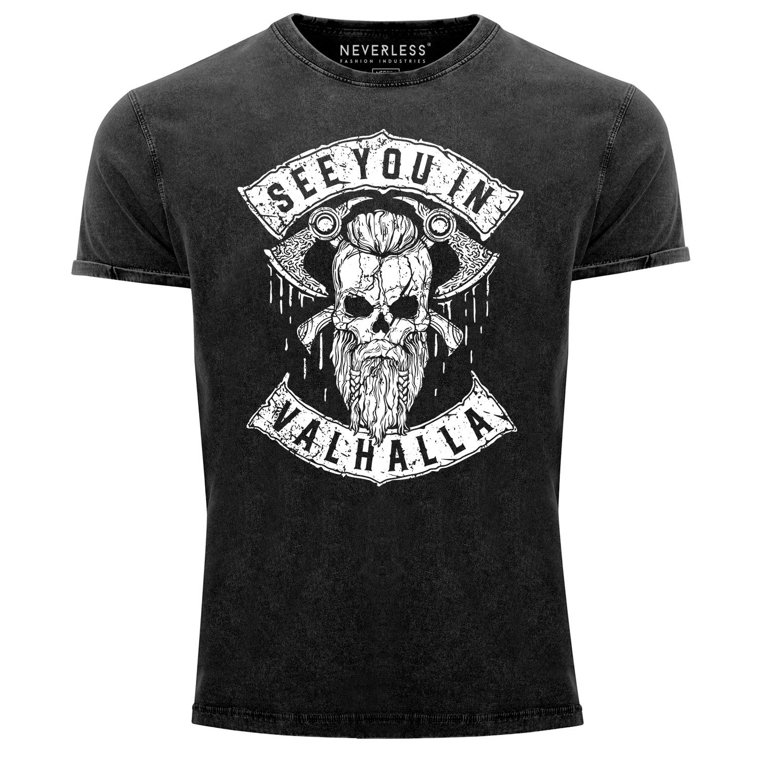 Herren Vintage Shirt See You in Valhalla Wikinger Totenkopf Skull Printshirt T-Shirt Aufdruck Used Look Neverless®