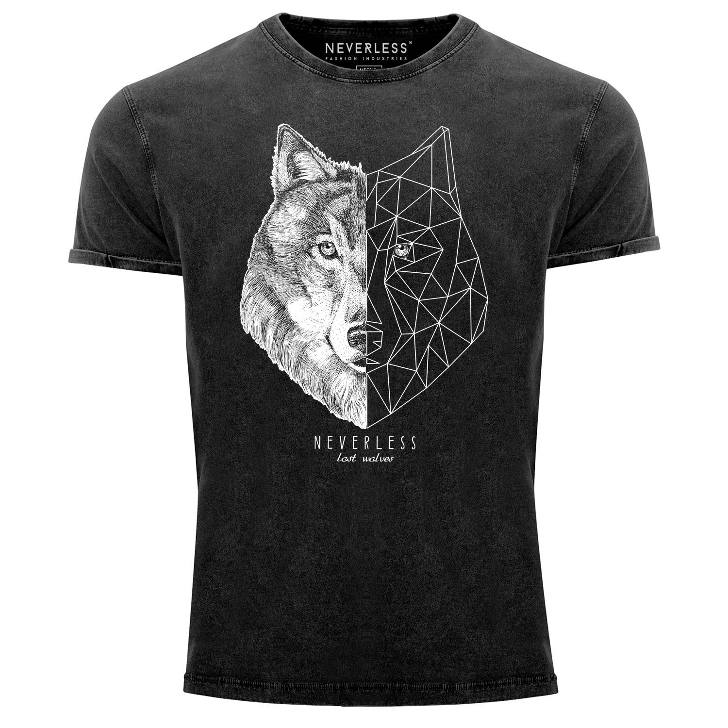 Herren Vintage Shirt Wolf Polygon Kunst Grafik Tiermotiv Printshirt T-Shirt Aufdruck Used Look Neverless®