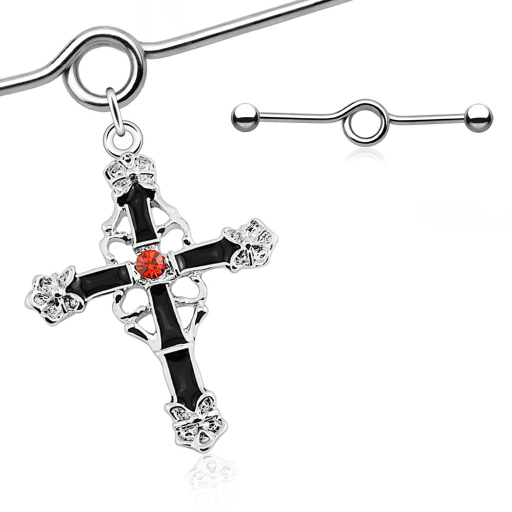 Industrial Piercing Stab mit Anhänger Kreuz Cross Gothic Straight Barbell Hantel