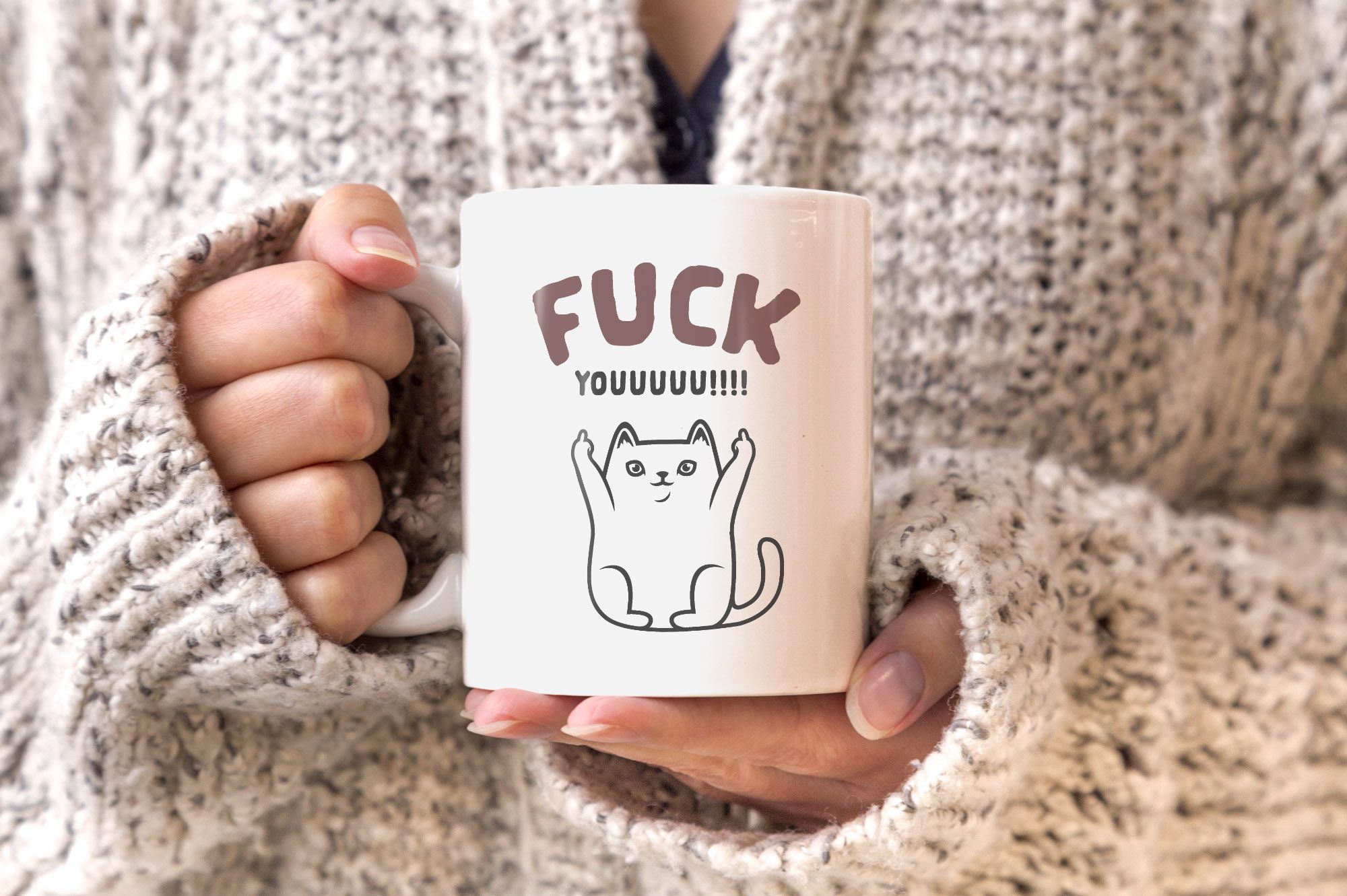Schriftzug Katze-Motiv Mittelfinger Bürotasse Kaffee-Tasse Becher Fuck Youuu