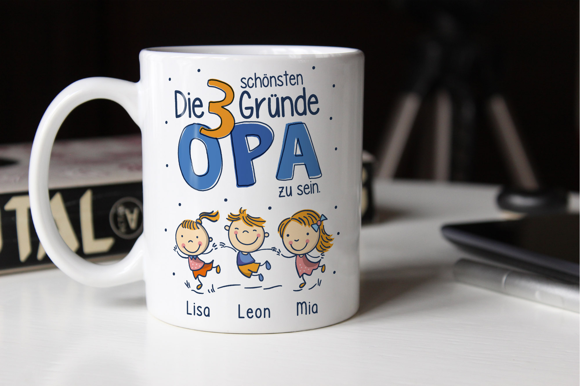 Personalisiere Opa-Tasse Mit Enkelkindern – Individuelle Gestaltung, Blau, Spülmaschinenfest, Geschenk Für Großväter