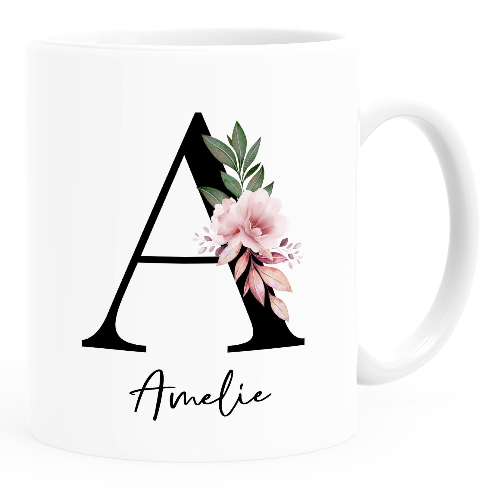 Kaffee-Tasse mit Buchstabe Monogramm personalisiert mit Namen Initiale Blumen-Motiv persönliche Geschenke SpecialMe®
