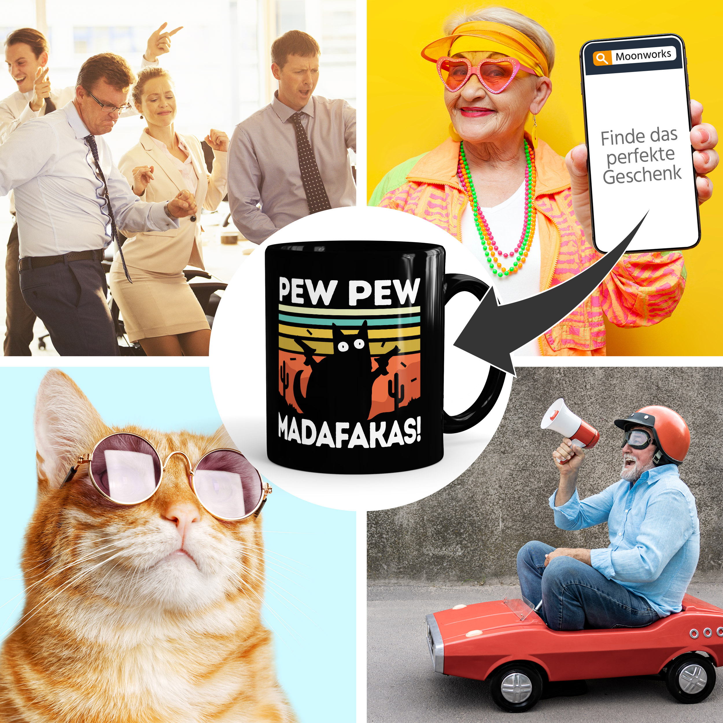 MoonWorks® Kaffee-Tasse mit Spruch Pew Pew Madafakas! schwarze Katze Spruch Meme lustig Bürotasse lustige Kaffeebecher Schwarz Keramik-Tasse