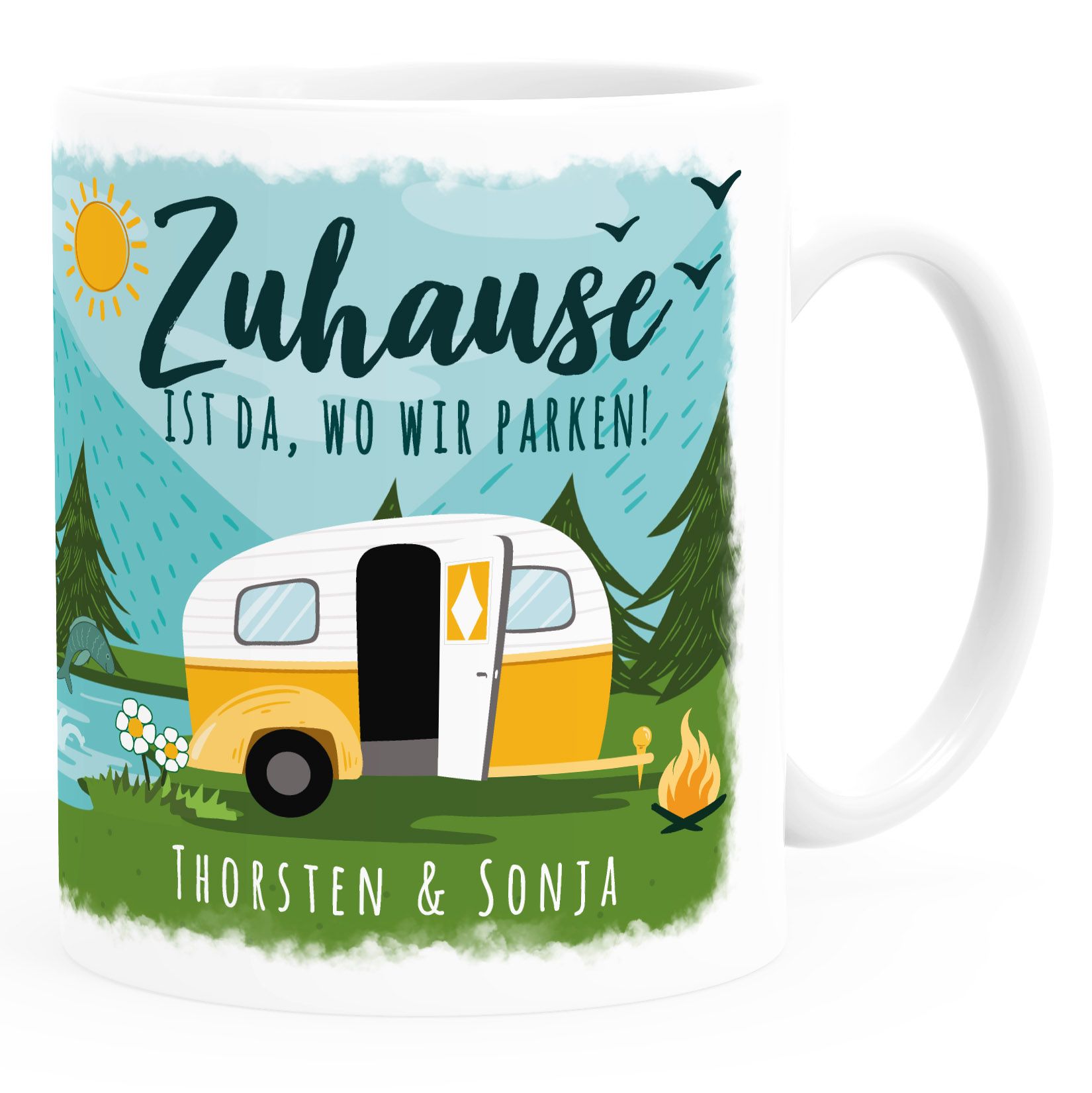 Kaffee-Tasse personalisiert mit Namen Zuhause ist da wo wir parken Wohnwagen Camping Geschenke SpecialMe®