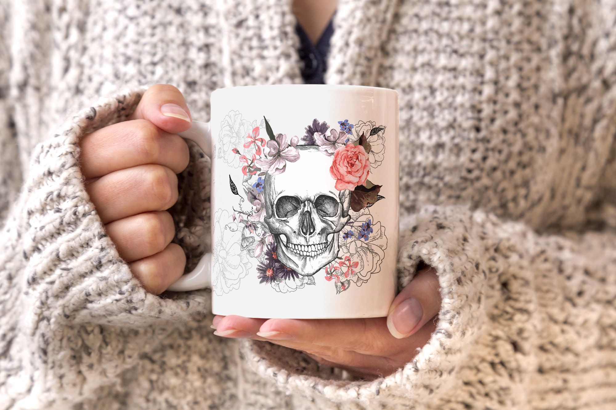 Kaffee-Tasse Totenkopf Blumen Flower Skull Boho Schädel Teetasse Keramiktasse