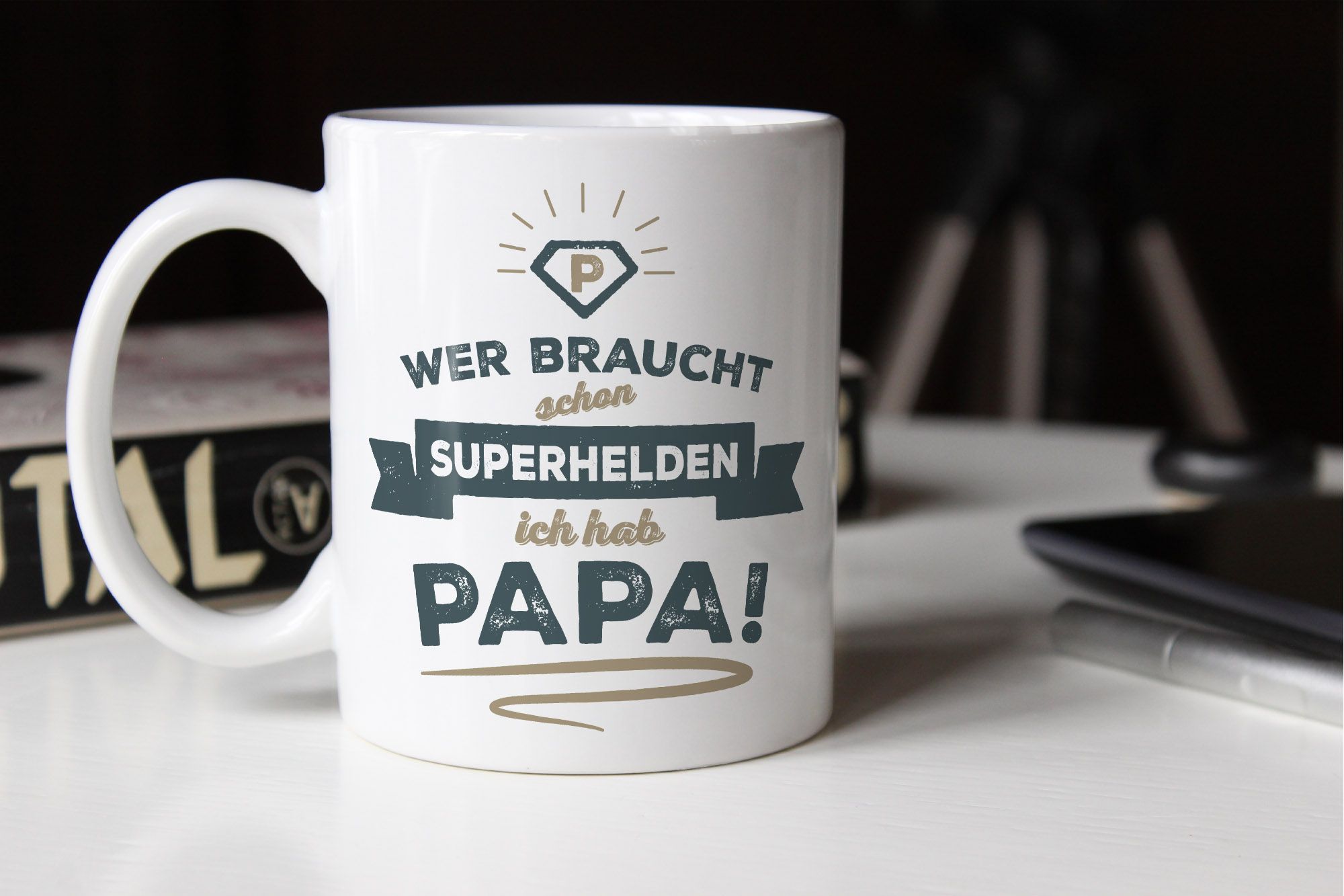 KaffeeTasse Wer braucht schon Superhelden ich hab Papa Geschenk Papa