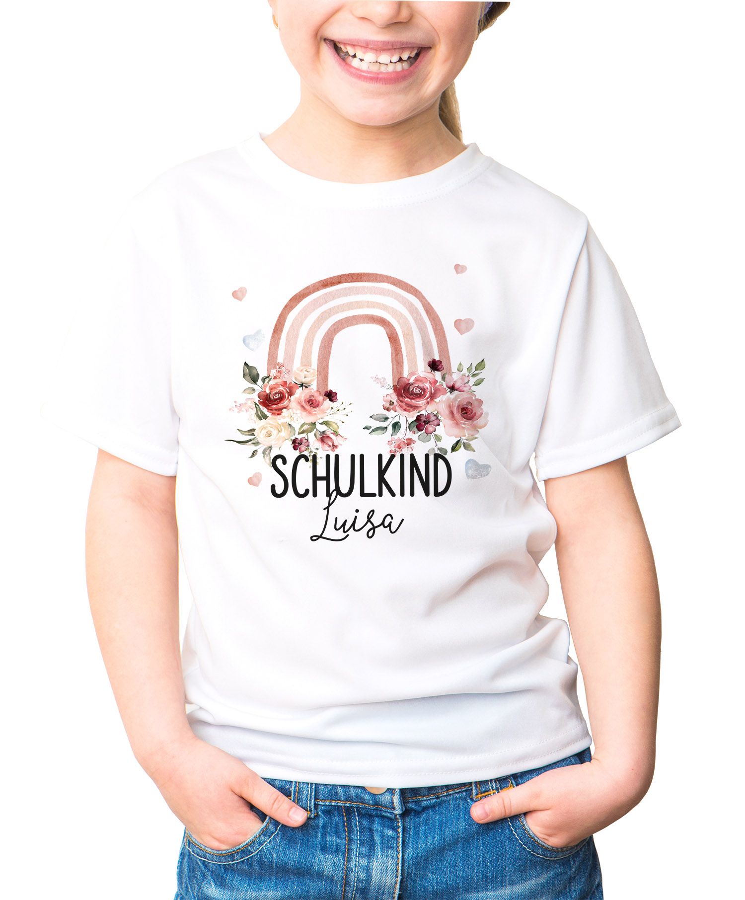 Kinder Mädchen T-Shirt Schulanfang Schulkind personalisiert Wunschname Regenbogen Blumen SpecialMe®