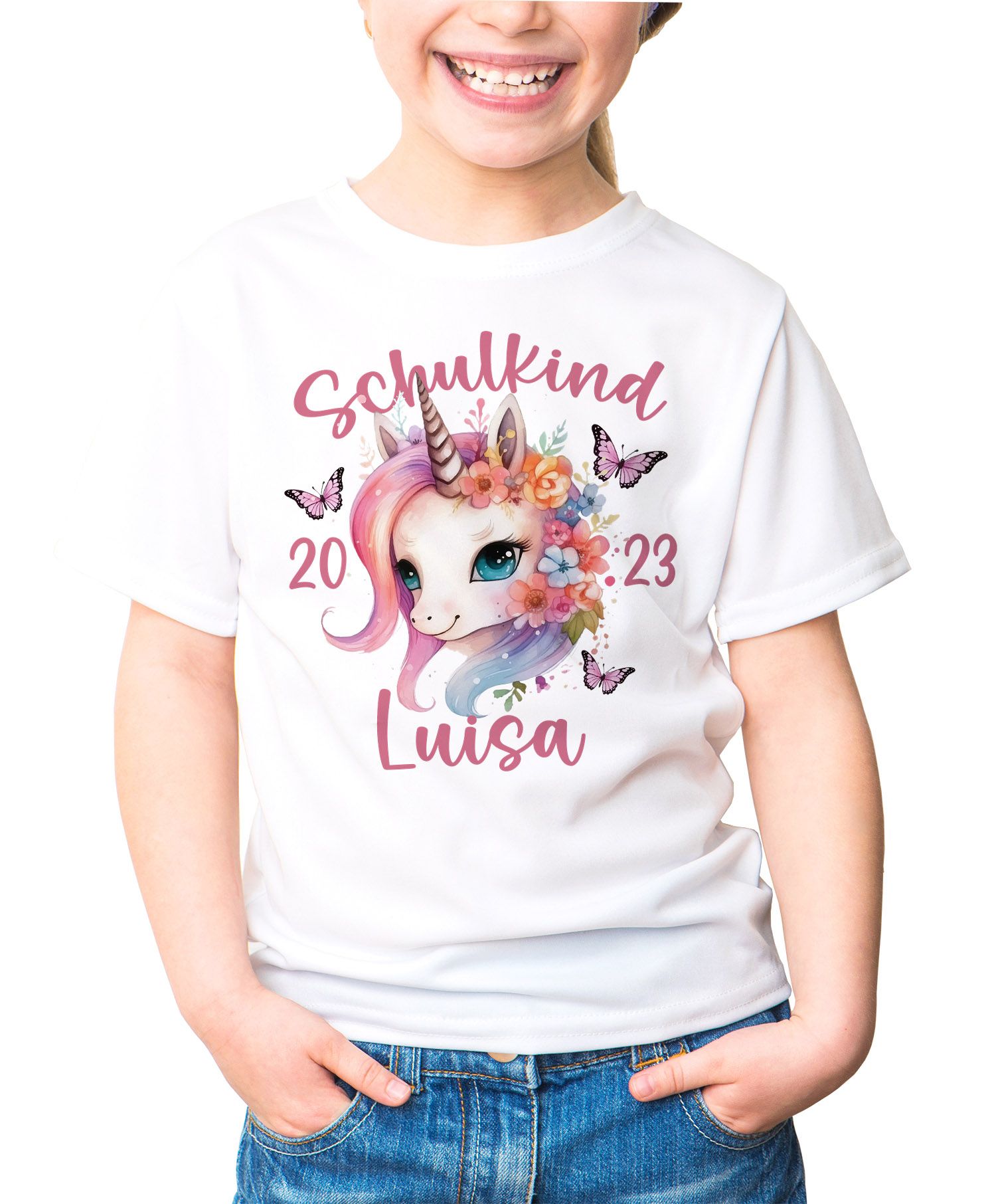 Kinder T-Shirt Mädchen Einhorn Schulanfang Schulkind personalisiert mit Wunschname und Jahreszahl SpecialMe®